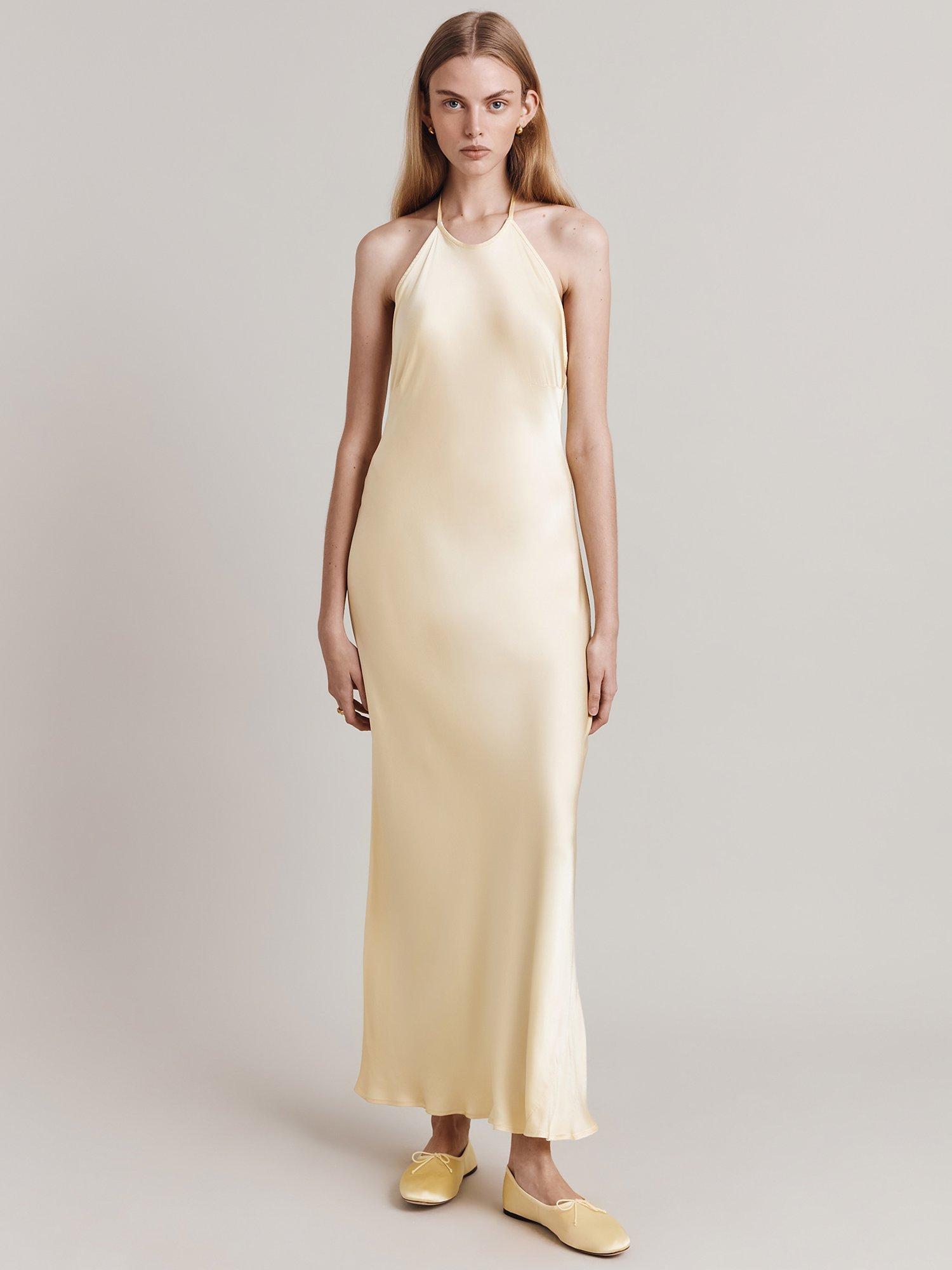 Ghost Chloe Halterneck Satin Maxi Dress Lemon