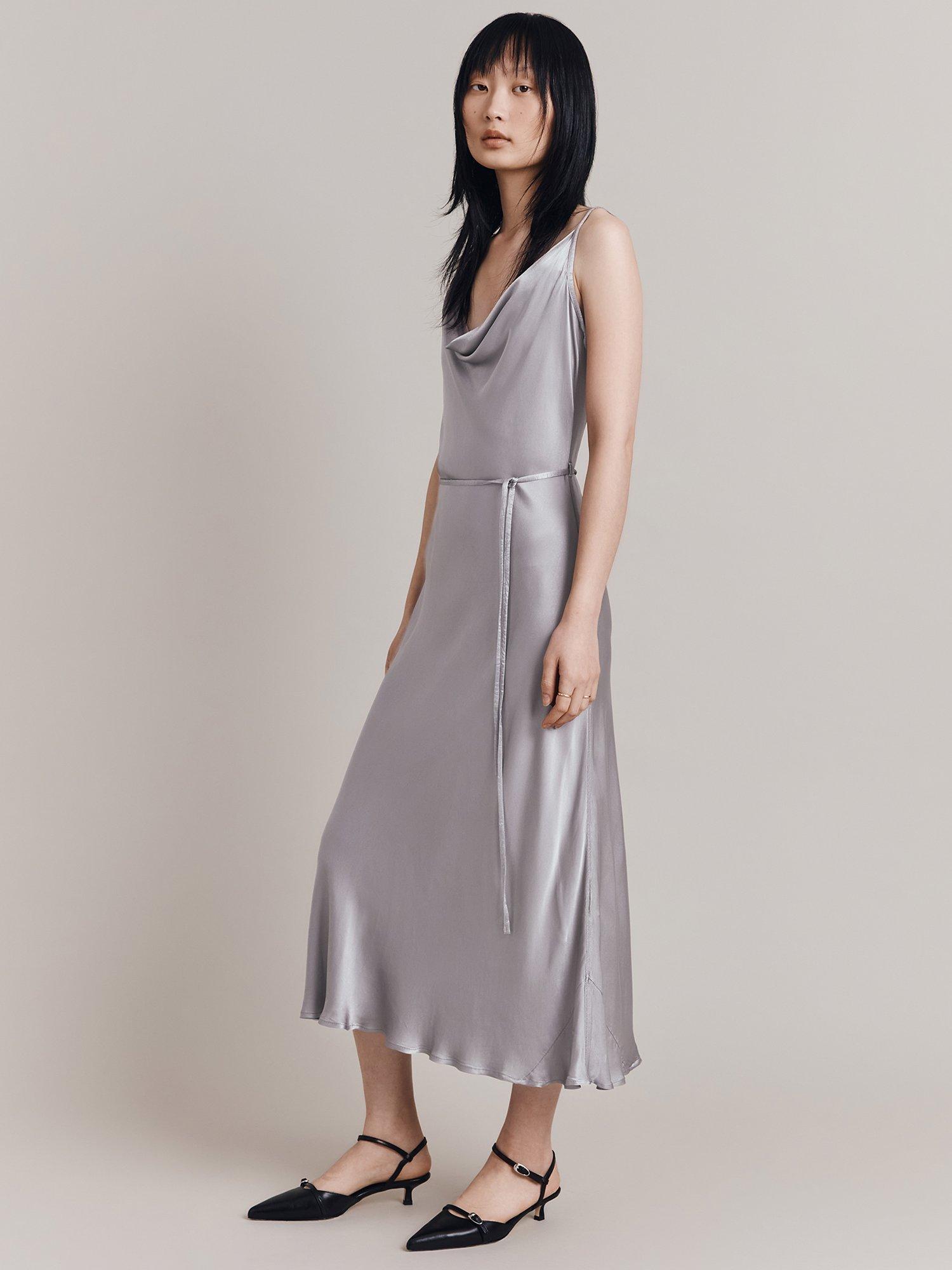 Ghost Alice Bias Cut Satin Midi Slip Dress Silver S