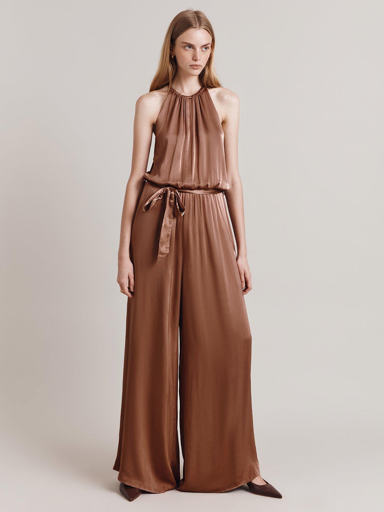 Product image 1 of 4, which shows Ghost Elsie Wide Leg Satin Jumpsuit, Amber, XS