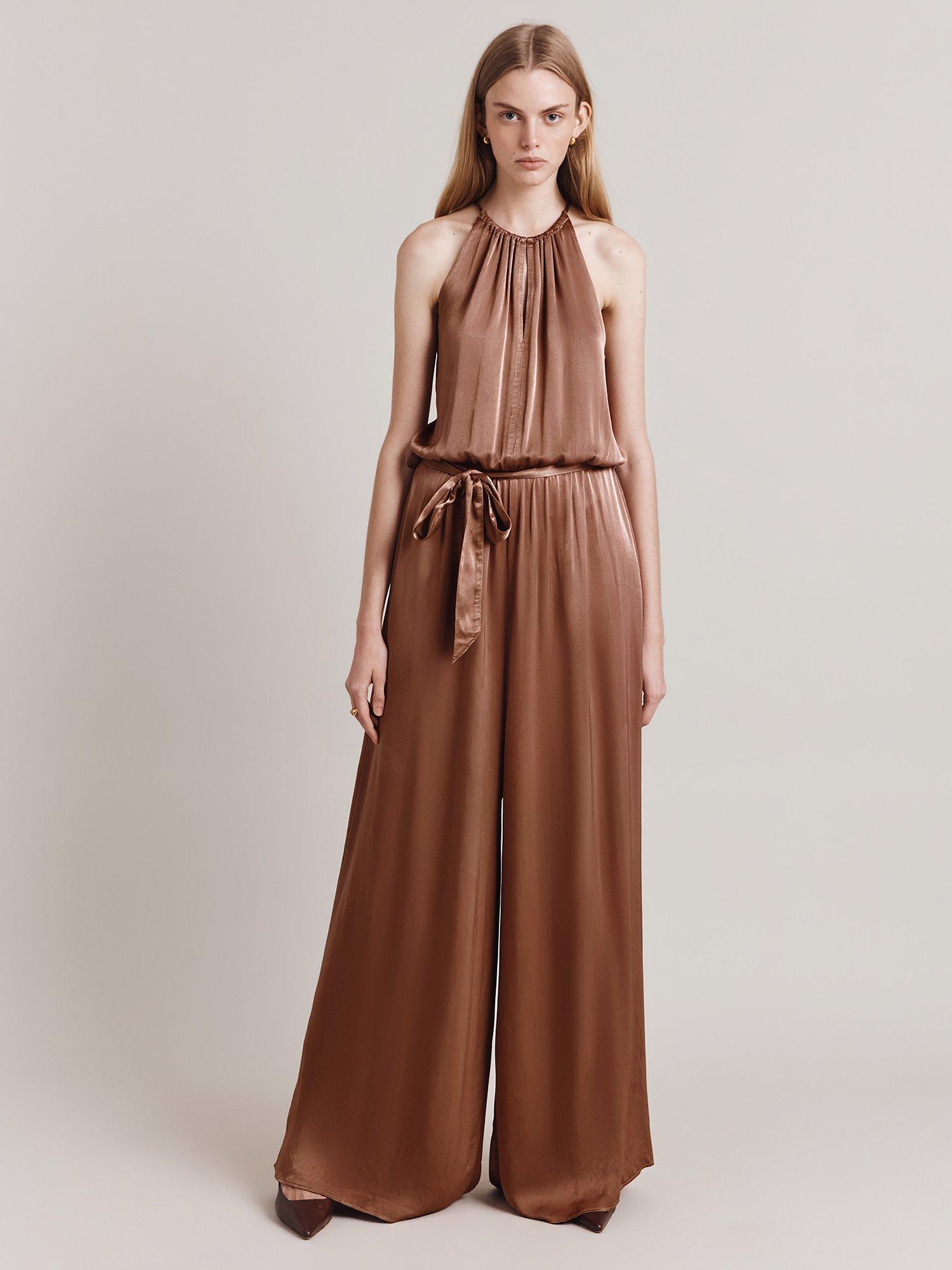 Product image 3 of 4, which shows Ghost Elsie Wide Leg Satin Jumpsuit, Amber, XS