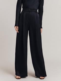 Ghost Nancy Wide Leg Pleat Front Satin Trousers, Black