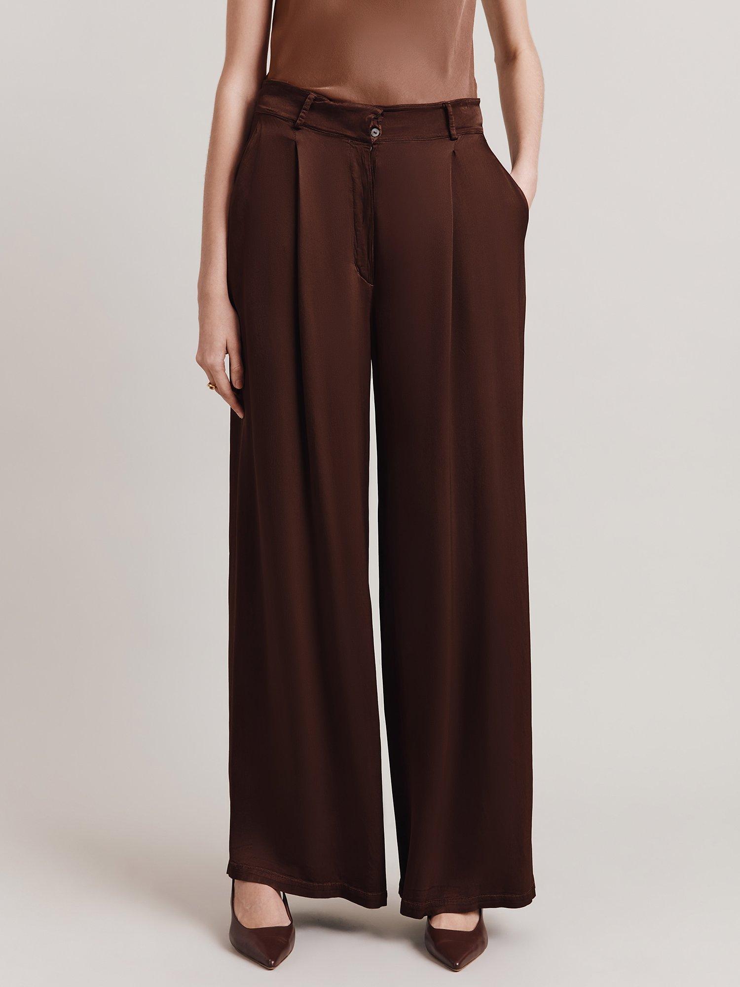 Product image 1 of 3, which shows Ghost Nancy Wide Leg Pleat Front Satin Trousers, Dark Brown, L