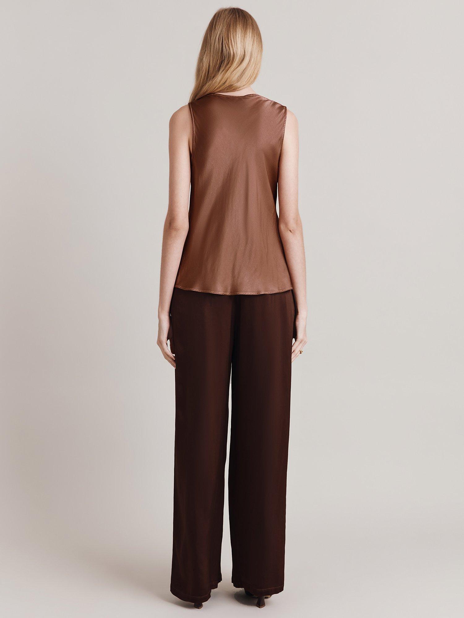 Product image 2 of 3, which shows Ghost Nancy Wide Leg Pleat Front Satin Trousers, Dark Brown, L