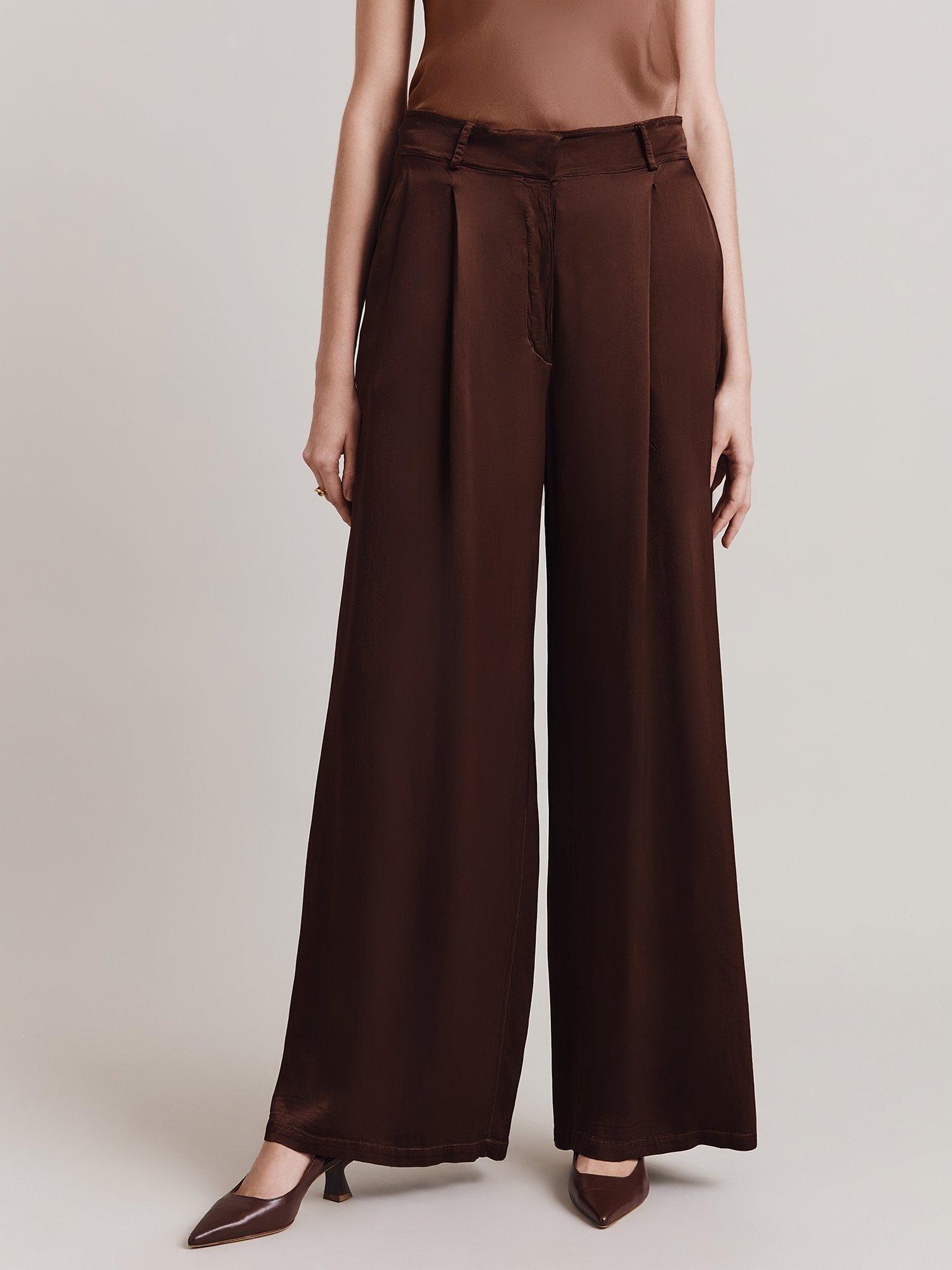 Product image 3 of 3, which shows Ghost Nancy Wide Leg Pleat Front Satin Trousers, Dark Brown, L