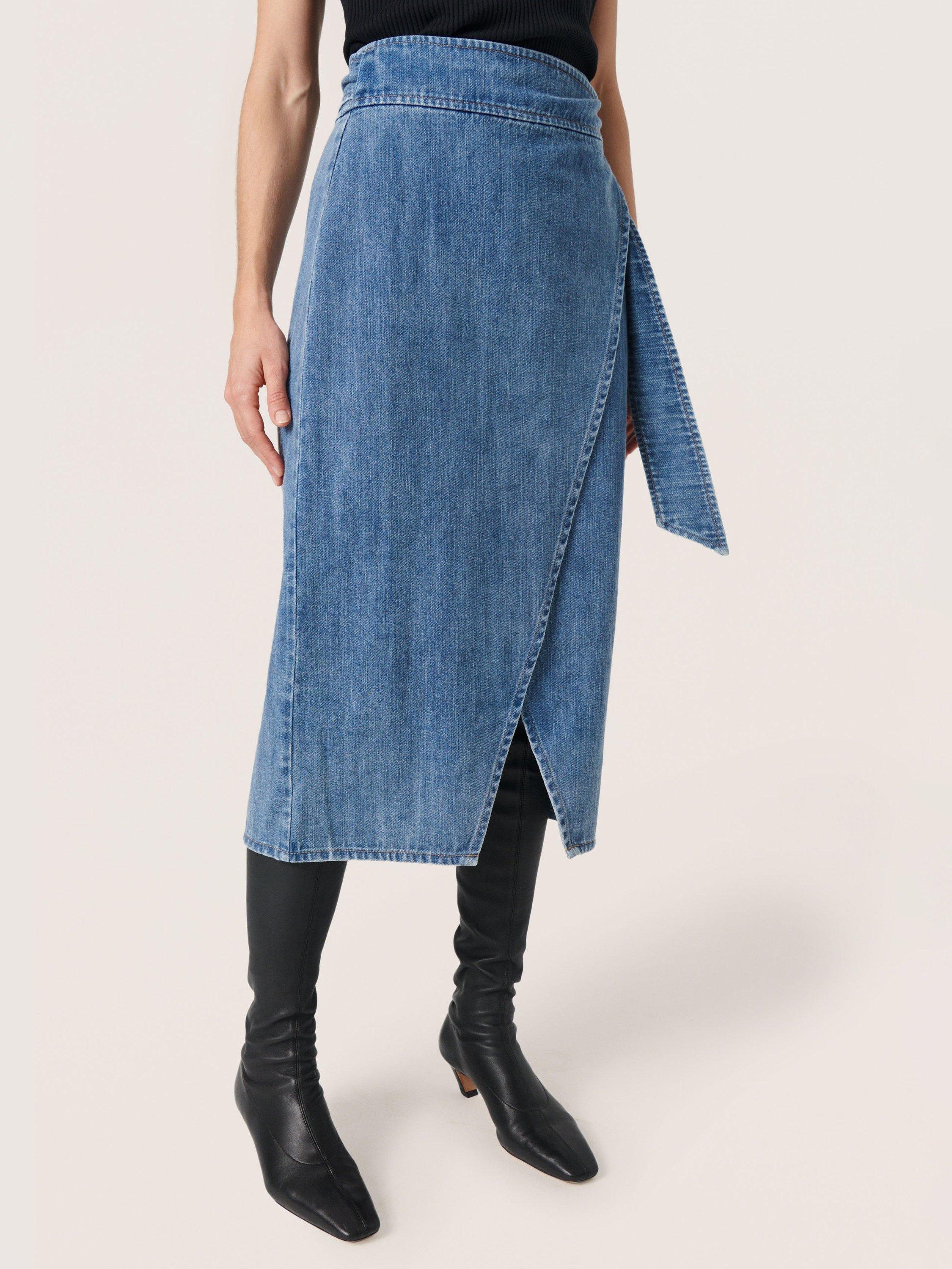 Soaked In Luxury Alba Wrap Denim Midi Skirt Classic Blue Denim