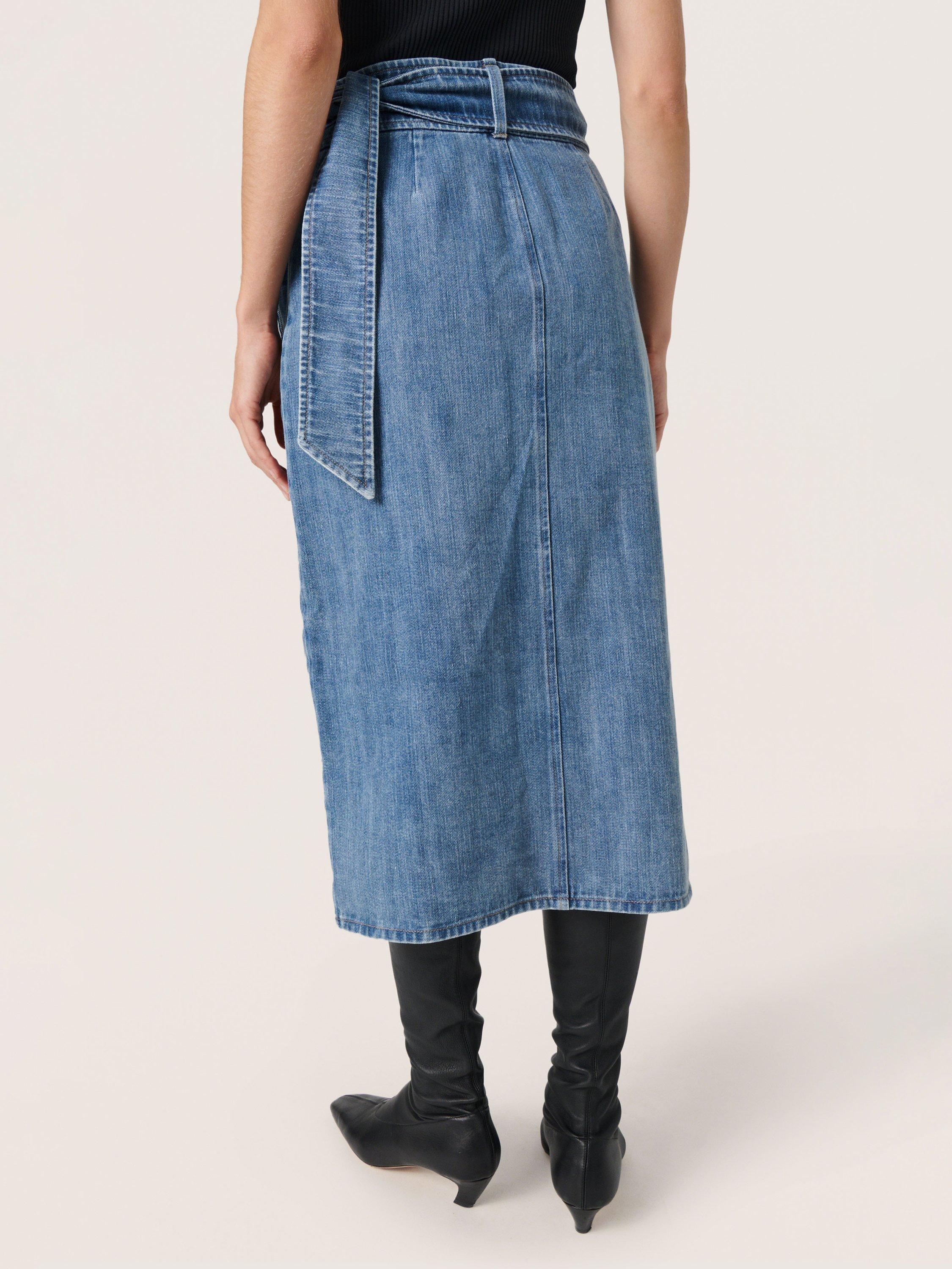 Product image 2 of 6, which shows Soaked In Luxury Alba Wrap Denim Midi Skirt, Classic Blue Denim, M