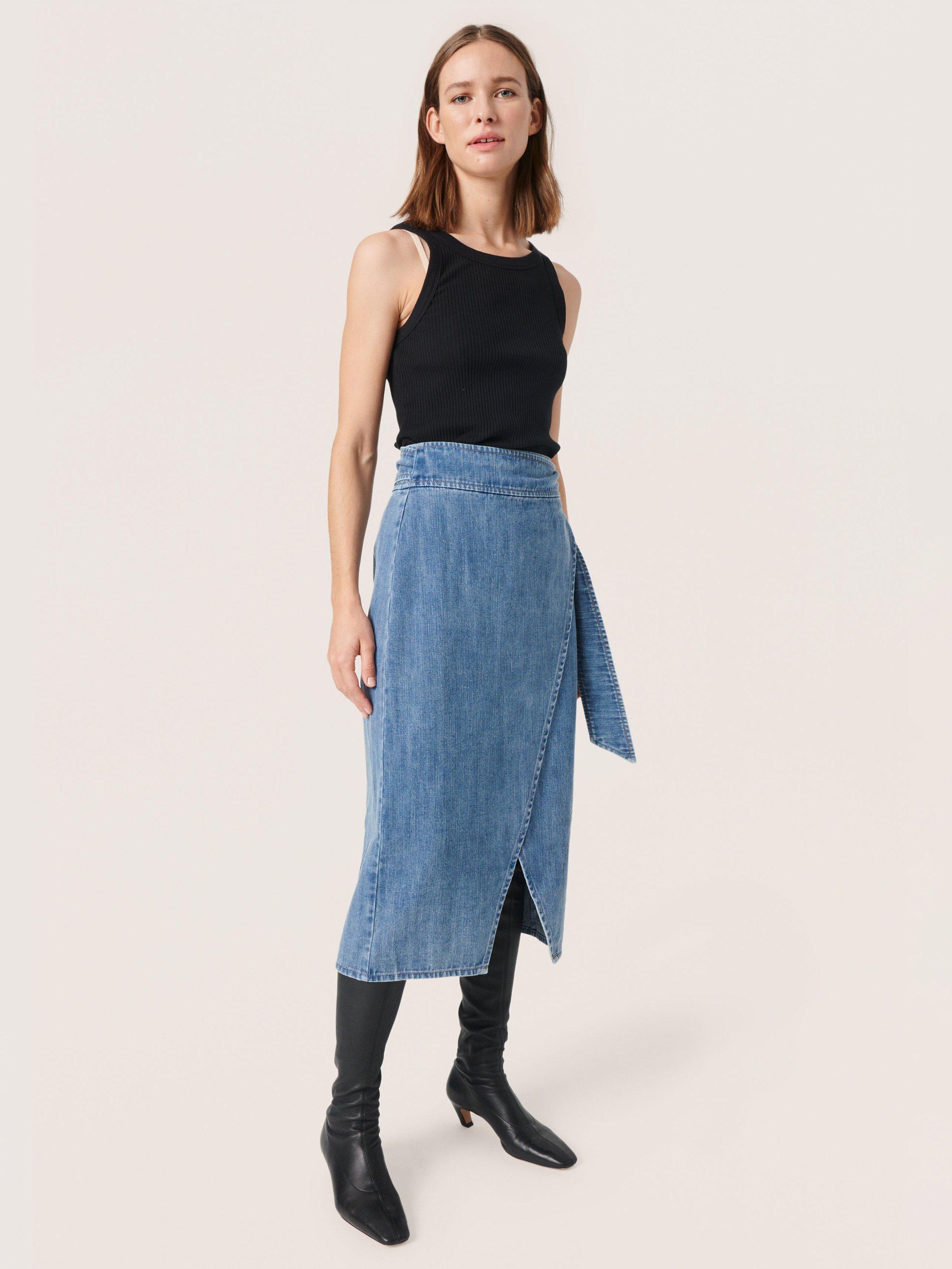 Product image 3 of 6, which shows Soaked In Luxury Alba Wrap Denim Midi Skirt, Classic Blue Denim, M