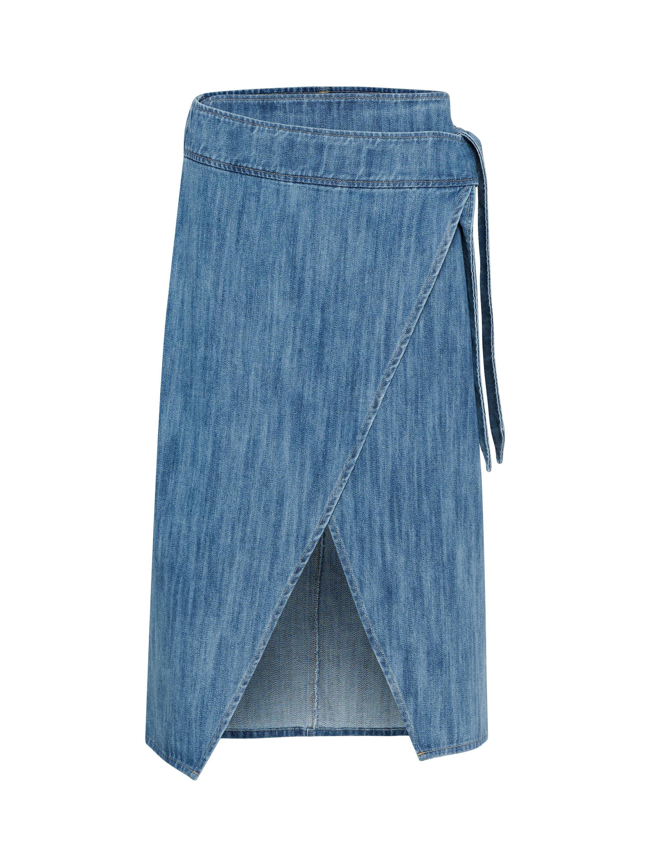 Product image 4 of 6, which shows Soaked In Luxury Alba Wrap Denim Midi Skirt, Classic Blue Denim, M