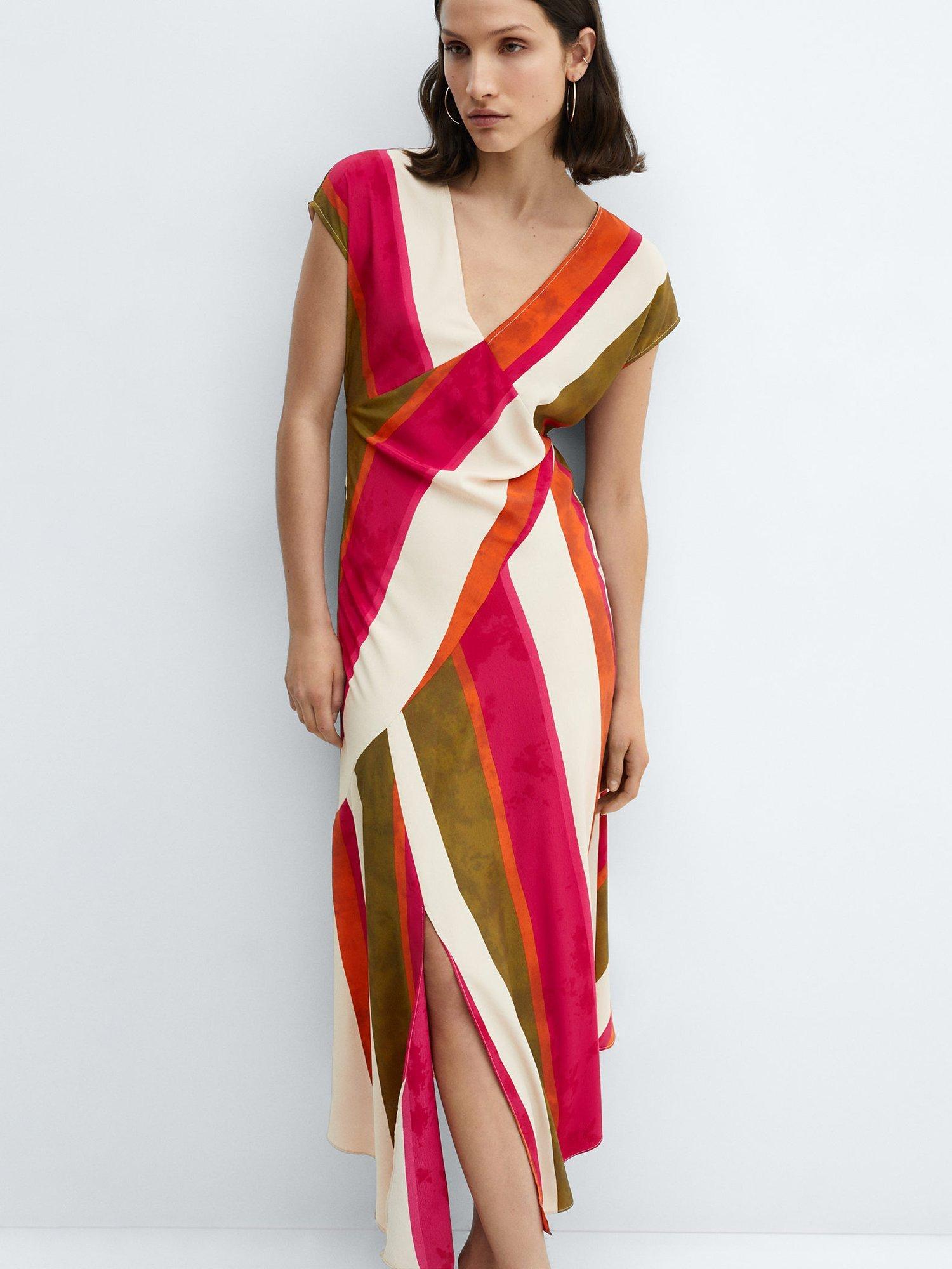 Mango Cherry Wide Stripe Asymmetric Hem Midi Dress, Pink Natural/Multi