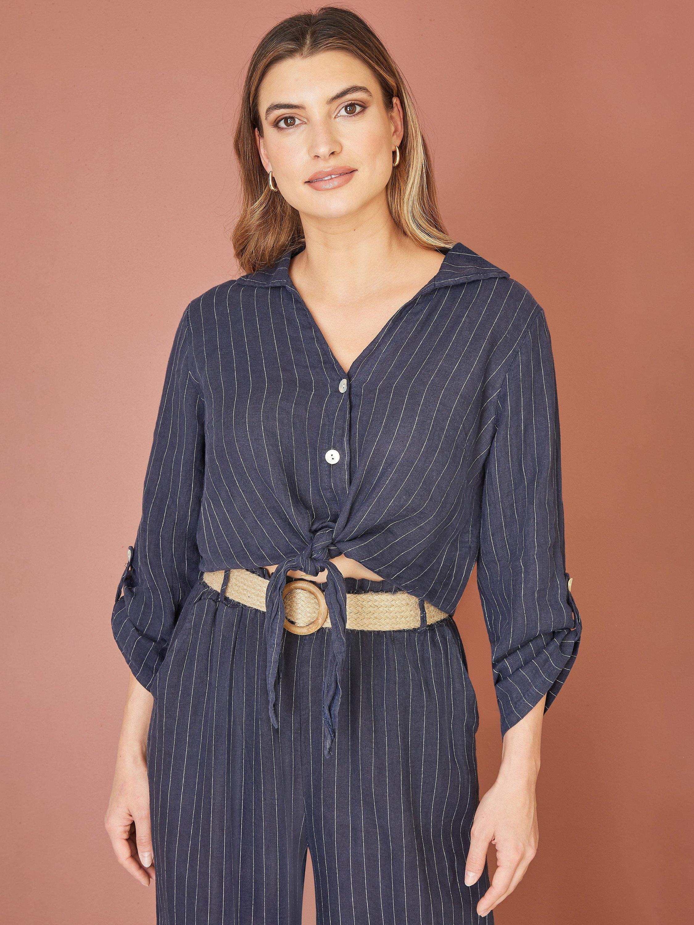 Product image 1 of 5, which shows Yumi Italian Linen Striped Front Tie Shirt, Navy, S