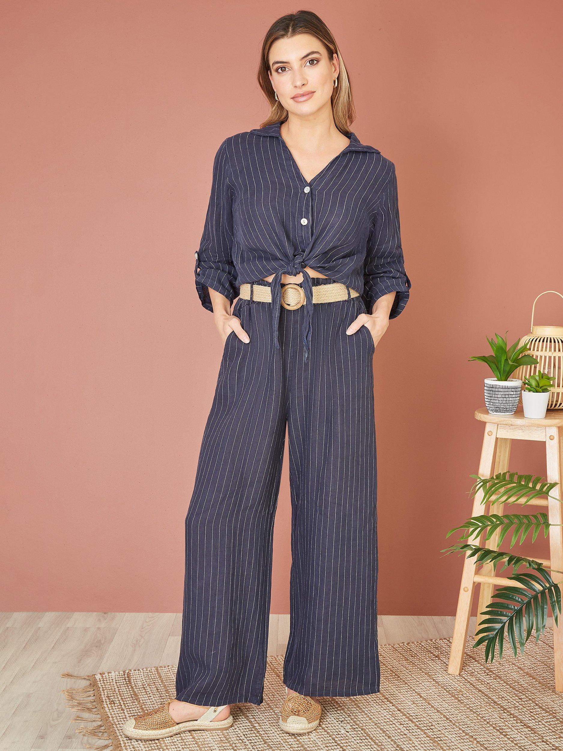 Product image 2 of 5, which shows Yumi Italian Linen Striped Front Tie Shirt, Navy, S