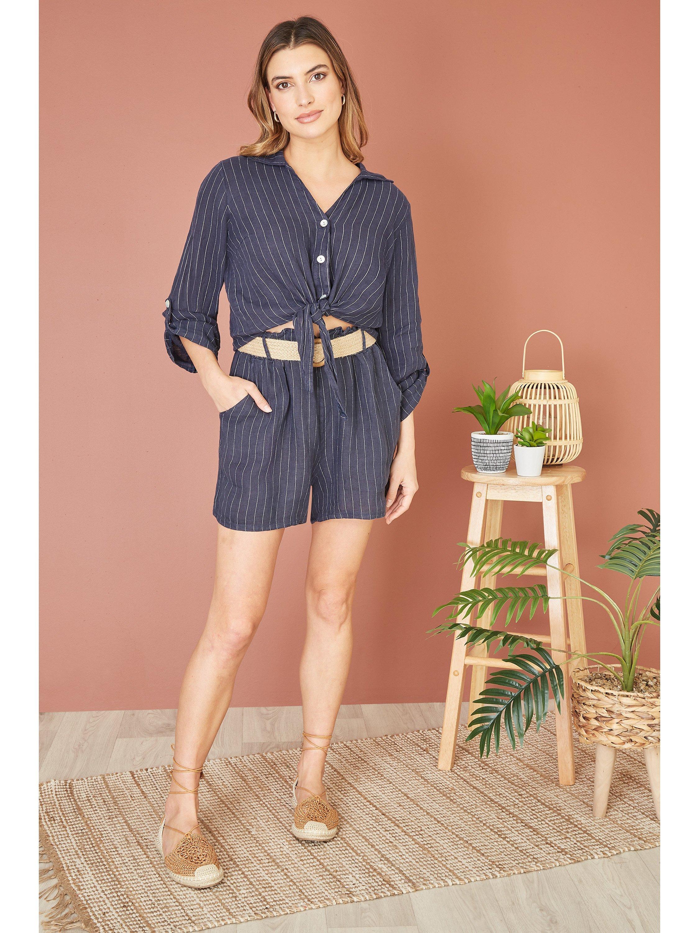 Product image 3 of 5, which shows Yumi Italian Linen Striped Front Tie Shirt, Navy, S