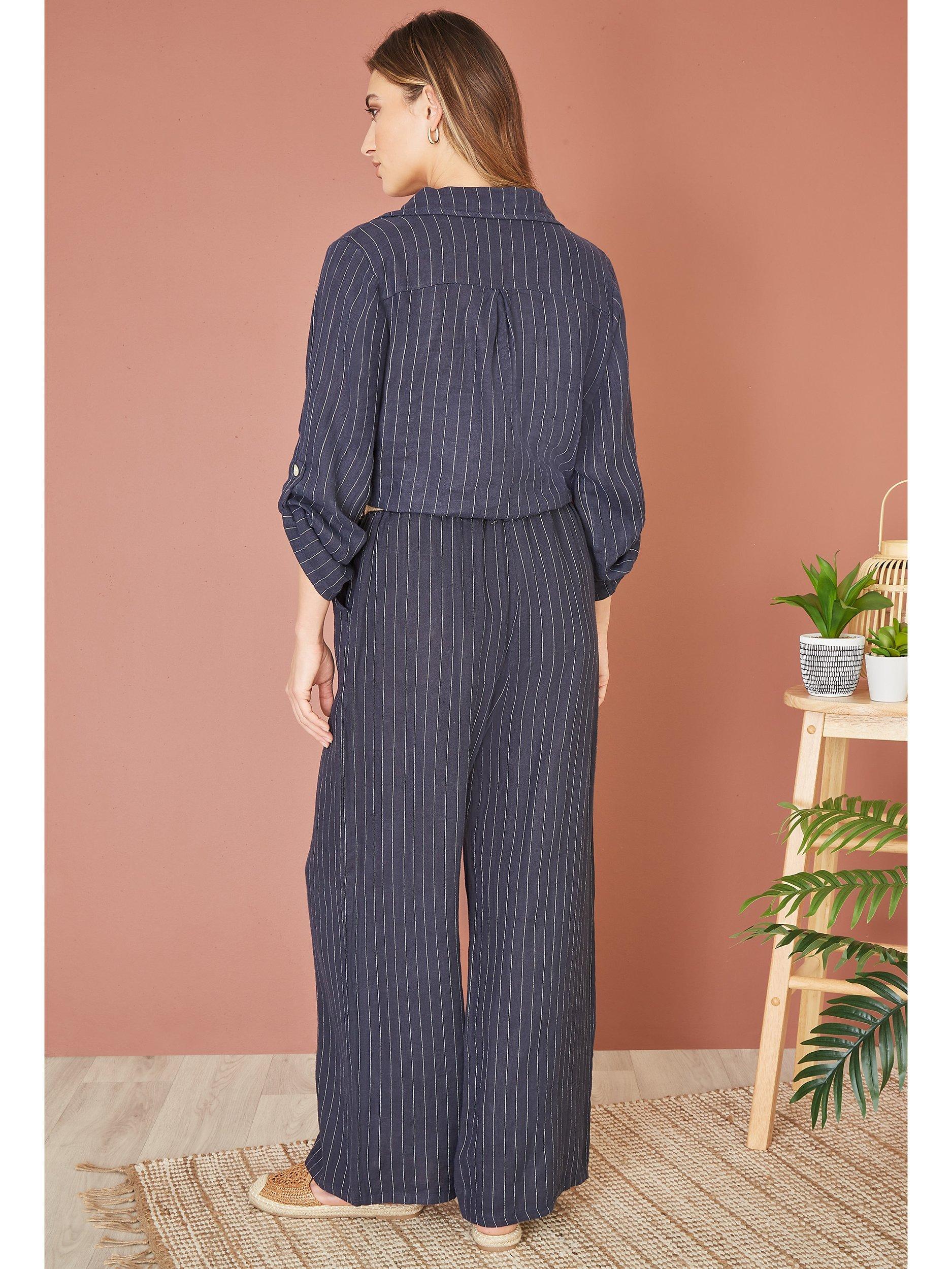 Product image 4 of 5, which shows Yumi Italian Linen Striped Front Tie Shirt, Navy, S