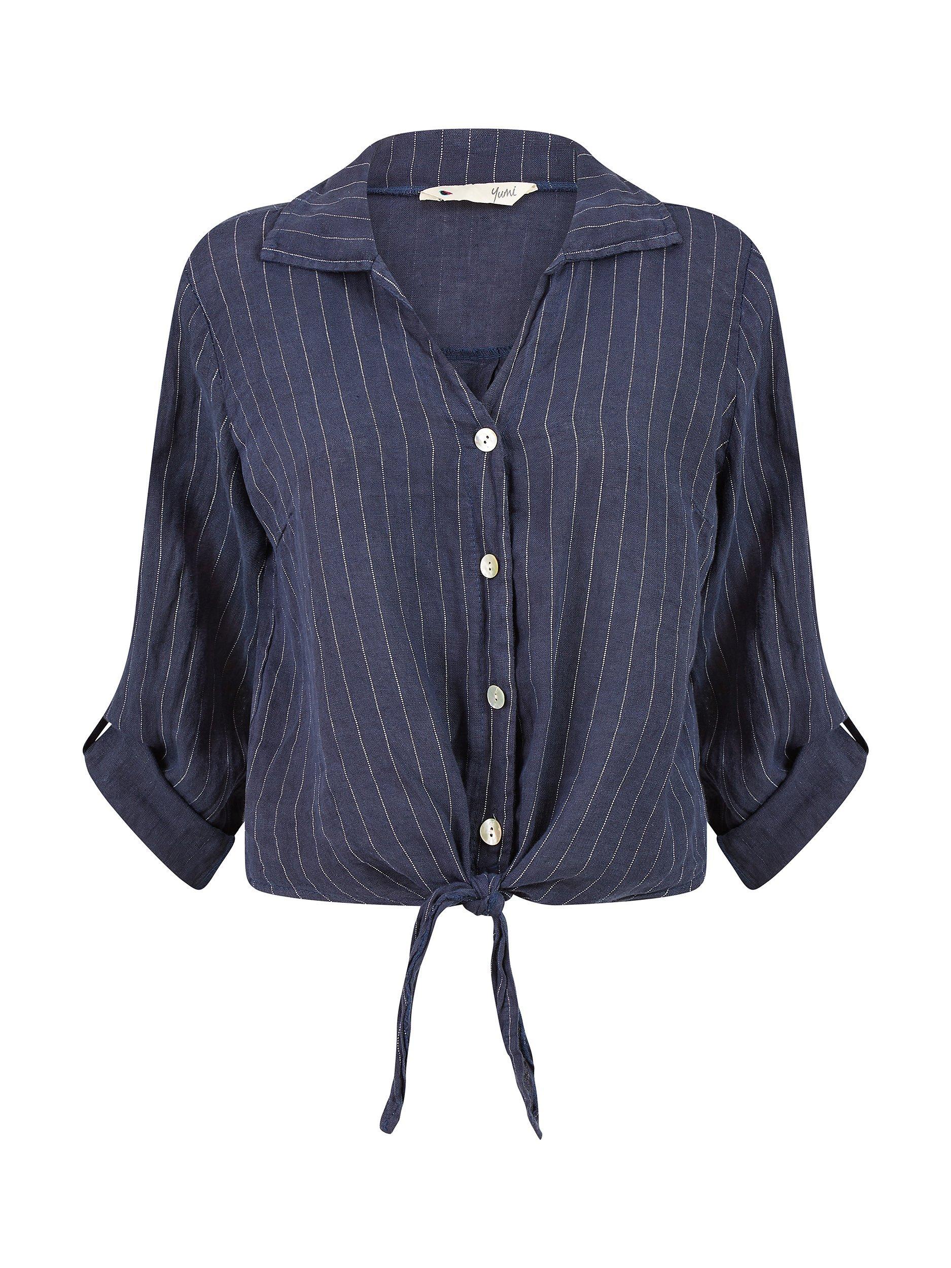 Yumi Italian Linen Striped Front Tie Shirt, Navy, S