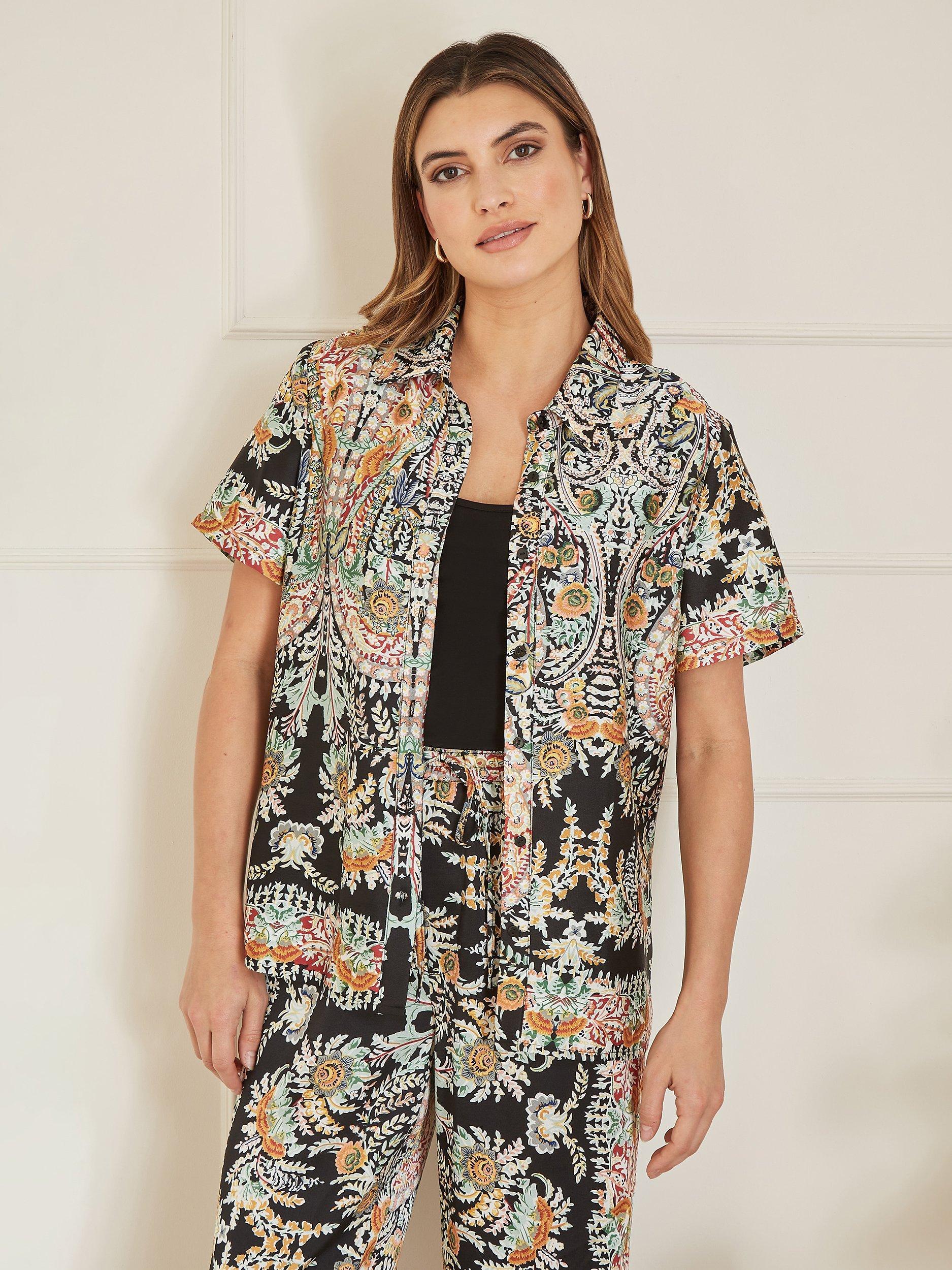 Product image 1 of 4, which shows Yumi Satin Paisley Print Short Sleeve Shirt, Black/Multi, 8