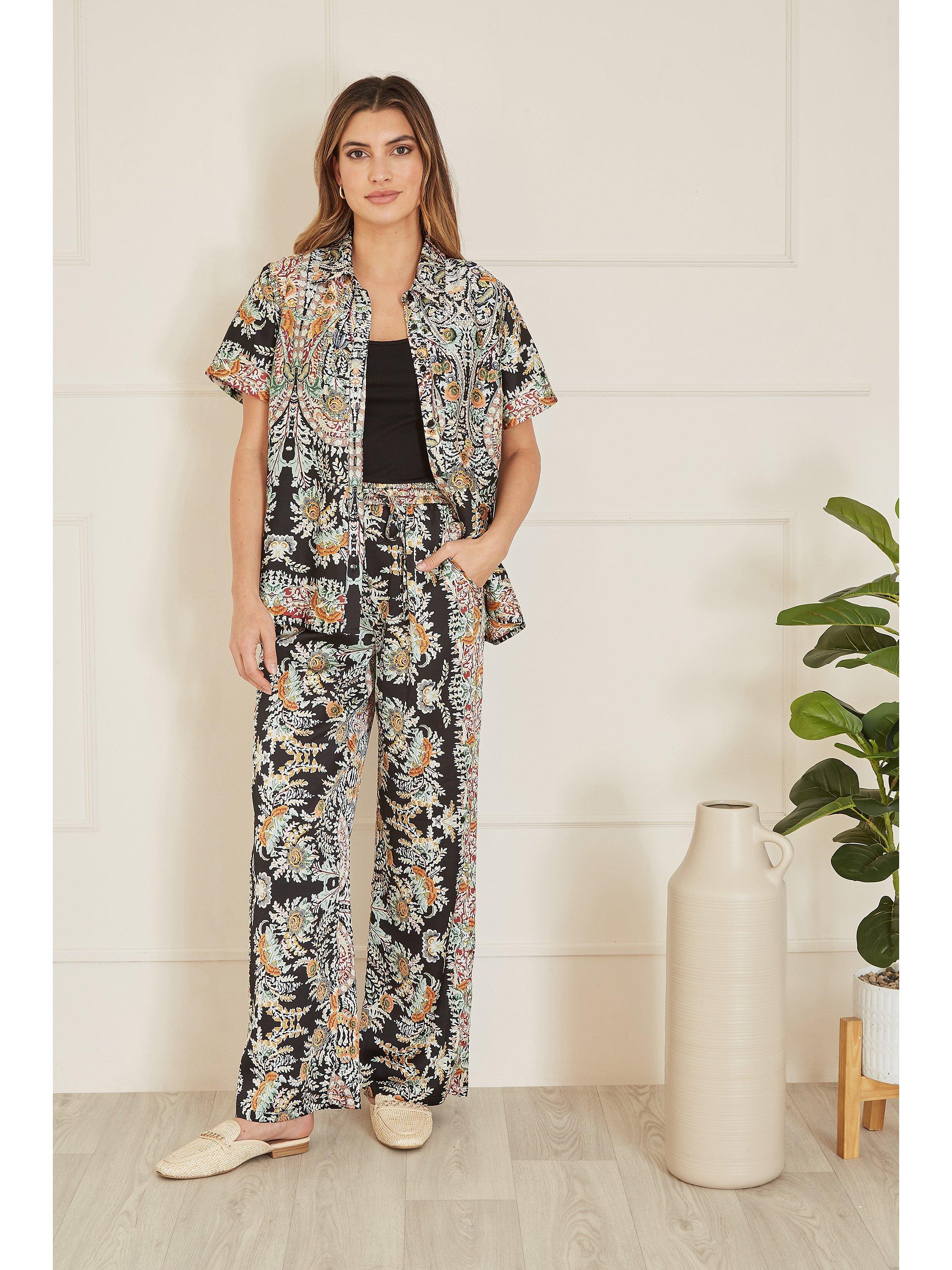 Product image 2 of 4, which shows Yumi Satin Paisley Print Short Sleeve Shirt, Black/Multi, 8