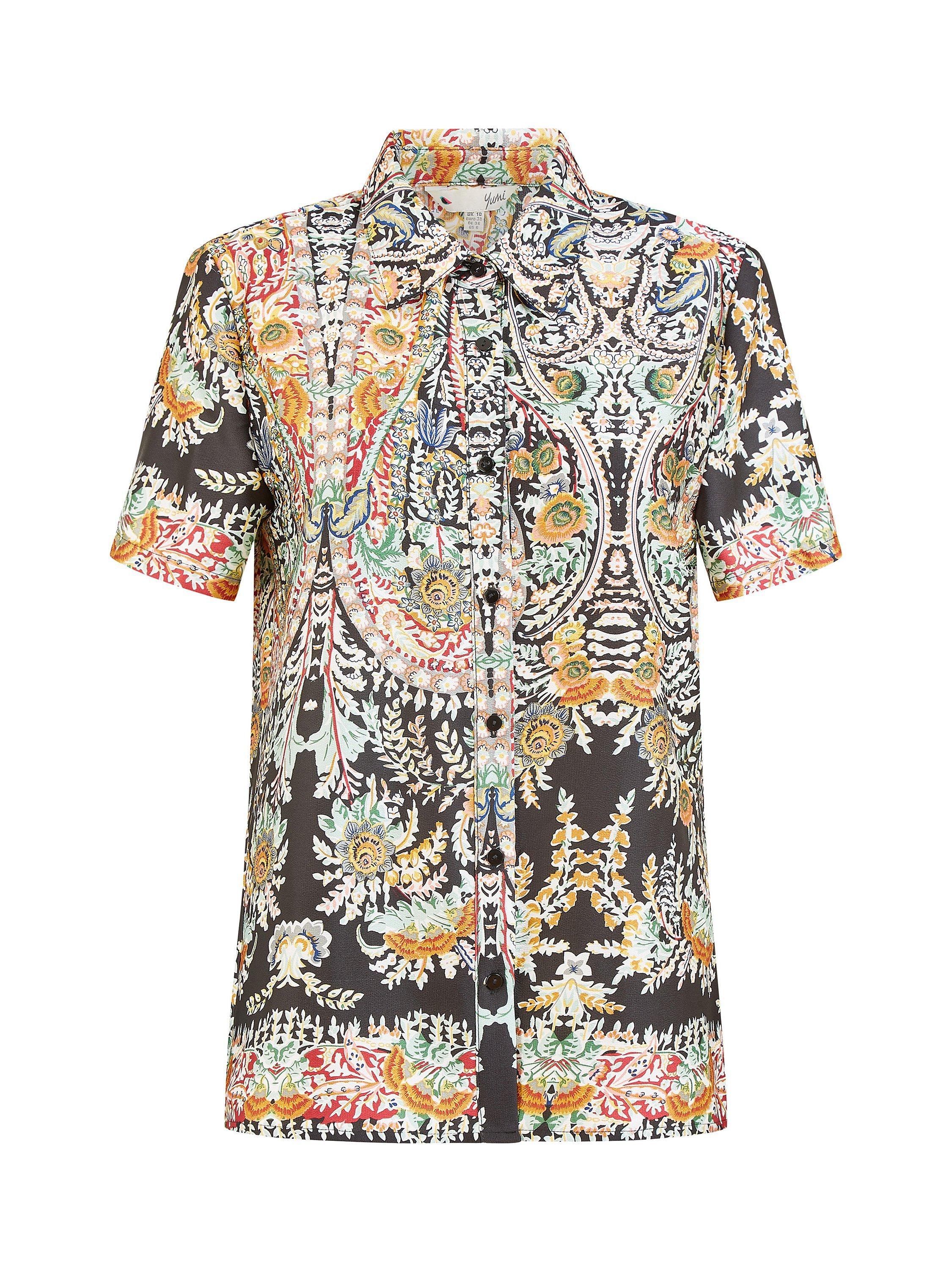 Product image 4 of 4, which shows Yumi Satin Paisley Print Short Sleeve Shirt, Black/Multi, 8