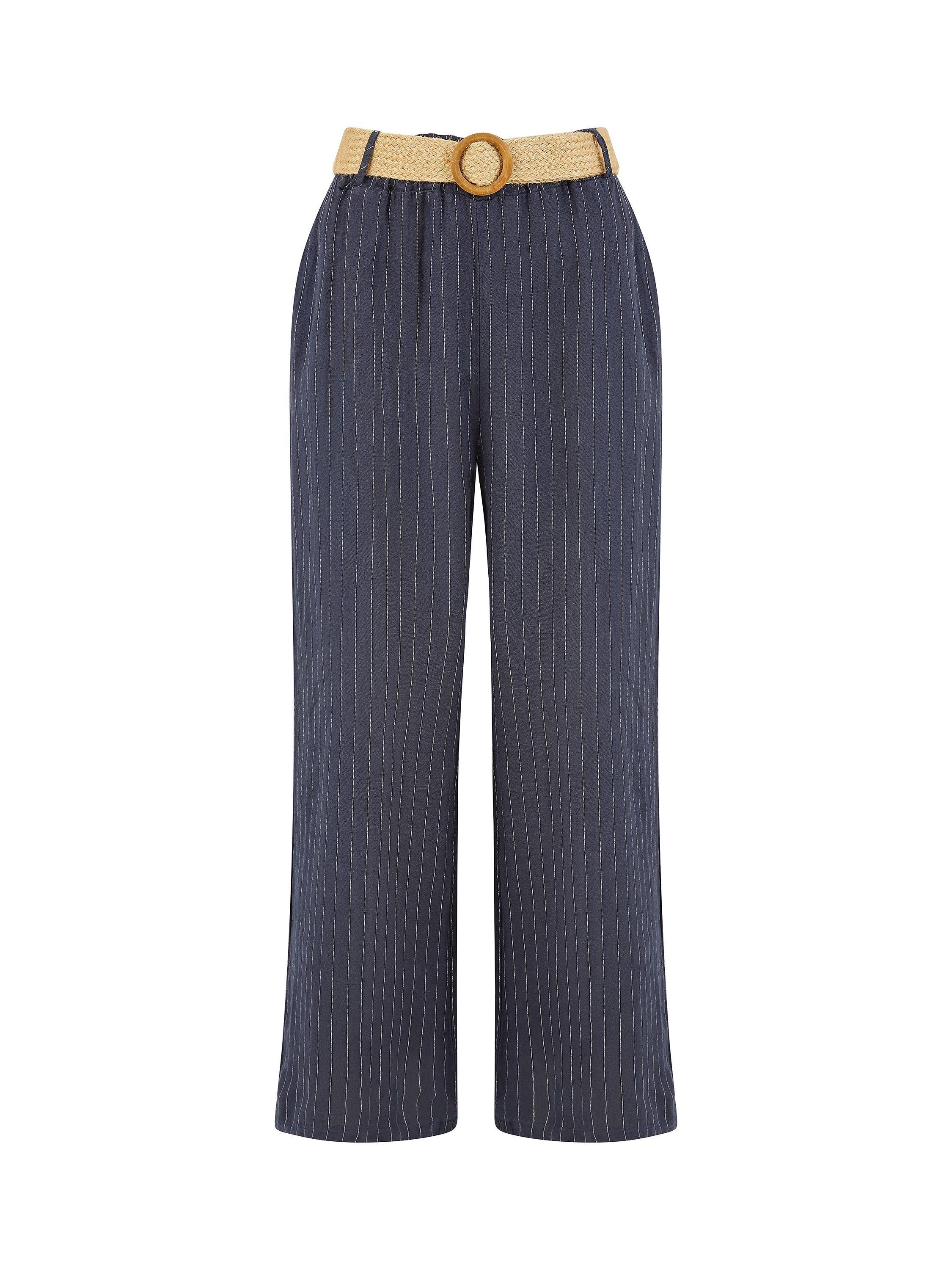 Product image 4 of 4, which shows Yumi Italian Linen Striped Wide Leg Trousers & Belt, Navy, S