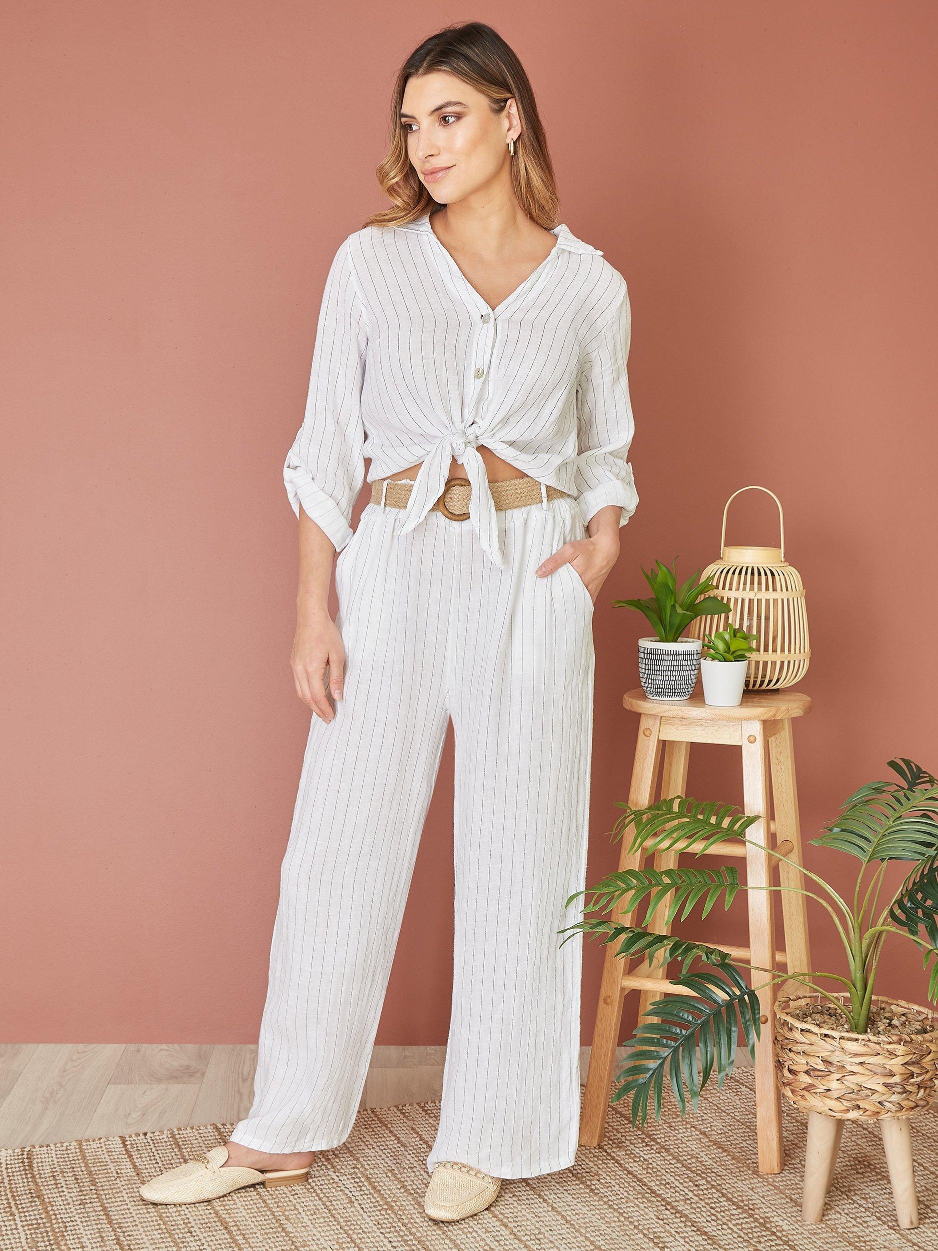 Product image 3 of 5, which shows Yumi Italian Linen Striped Front Tie Shirt, White, S