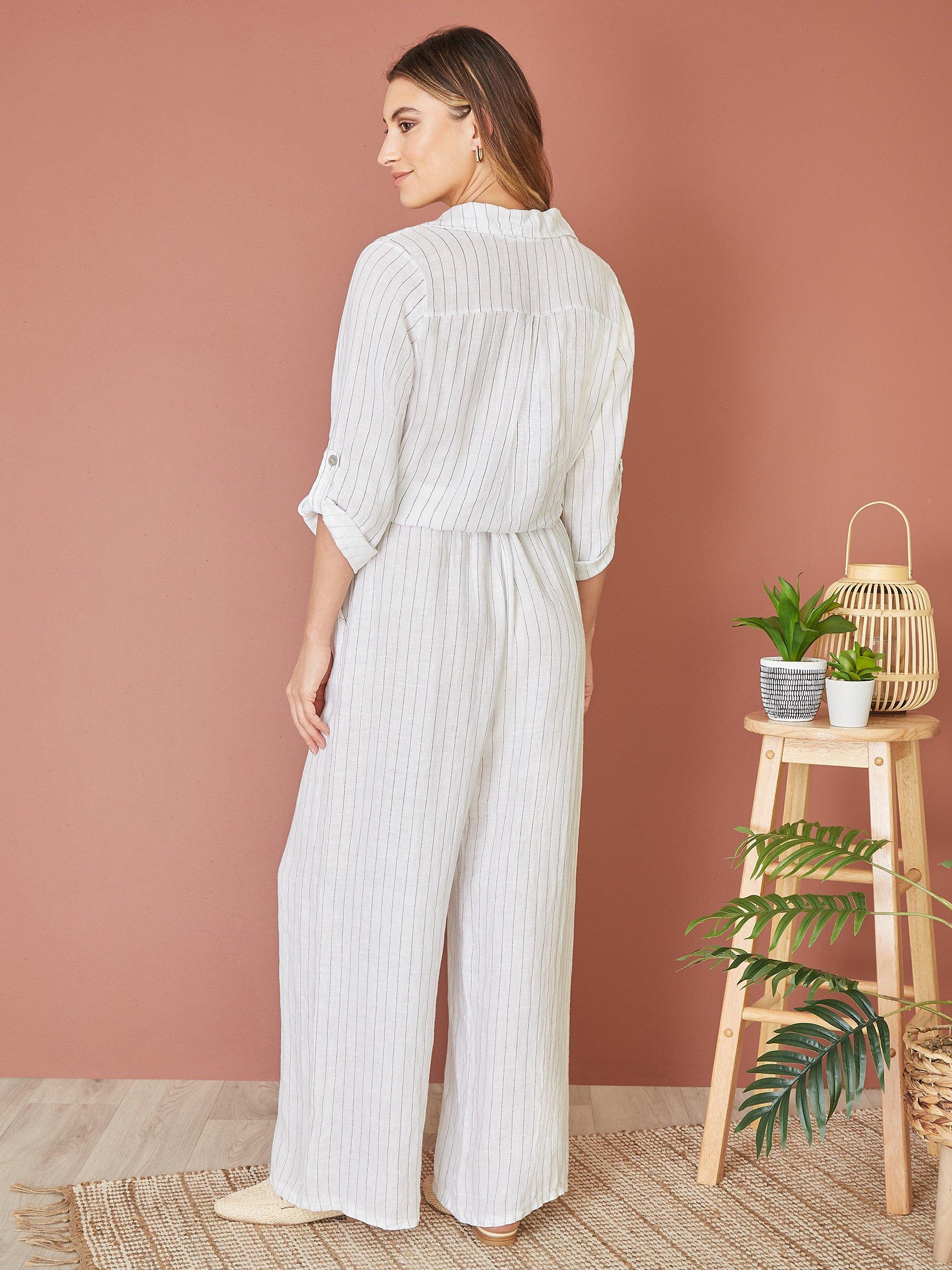 Product image 4 of 5, which shows Yumi Italian Linen Striped Front Tie Shirt, White, S