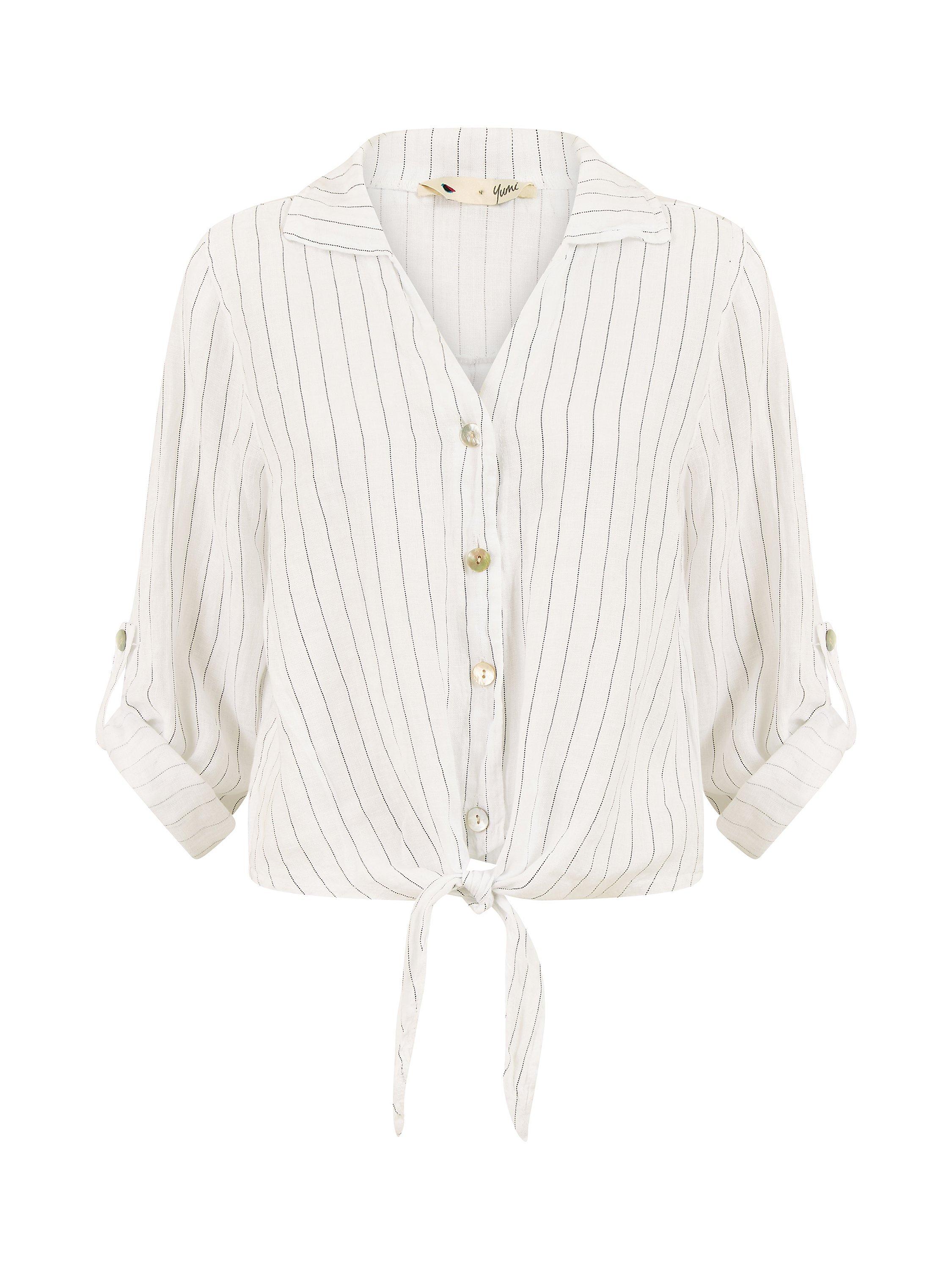 Product image 5 of 5, which shows Yumi Italian Linen Striped Front Tie Shirt, White, S