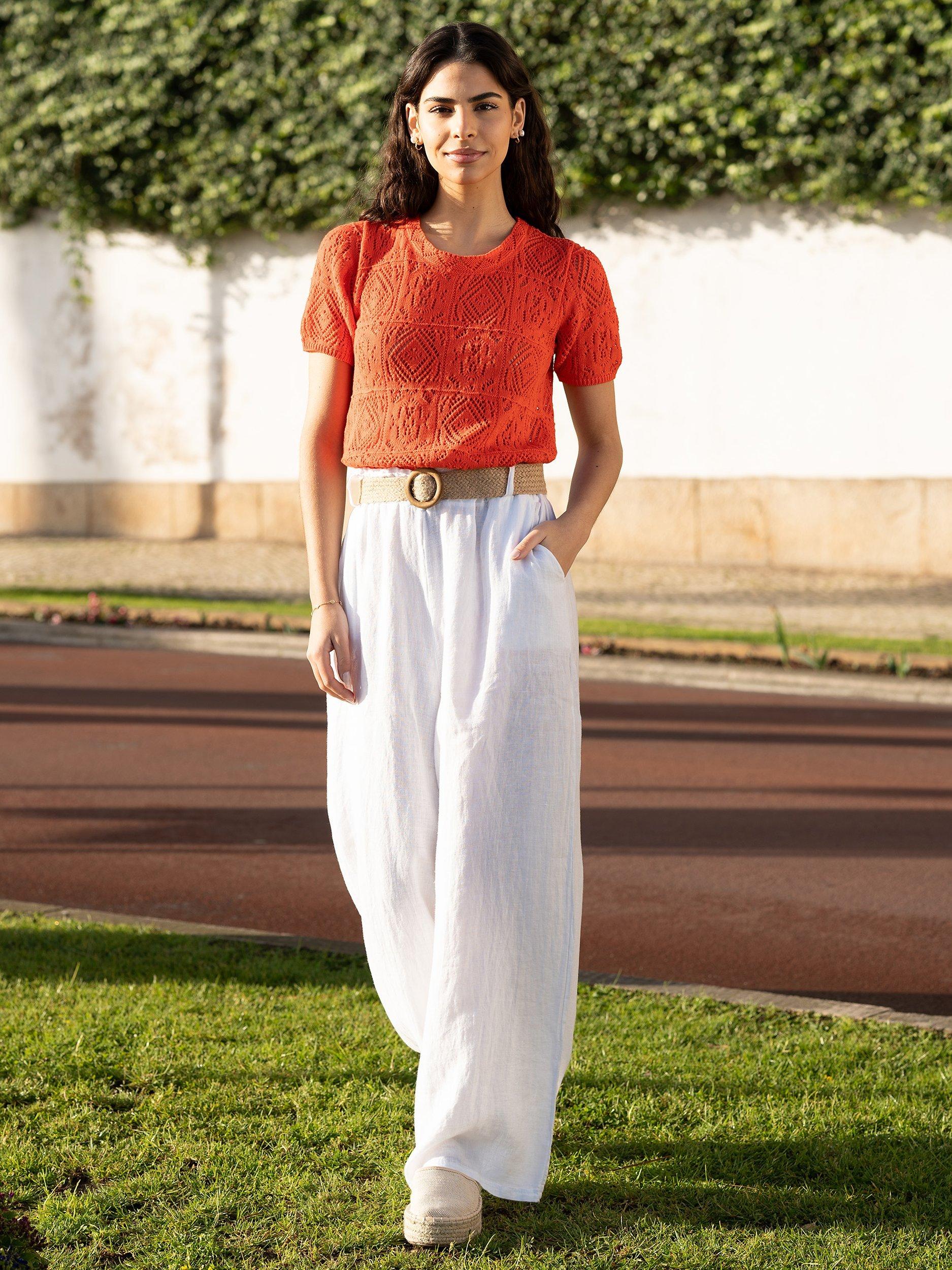 Product image 1 of 5, which shows Yumi Italian Linen Wide Leg Trousers & Belt, White, S