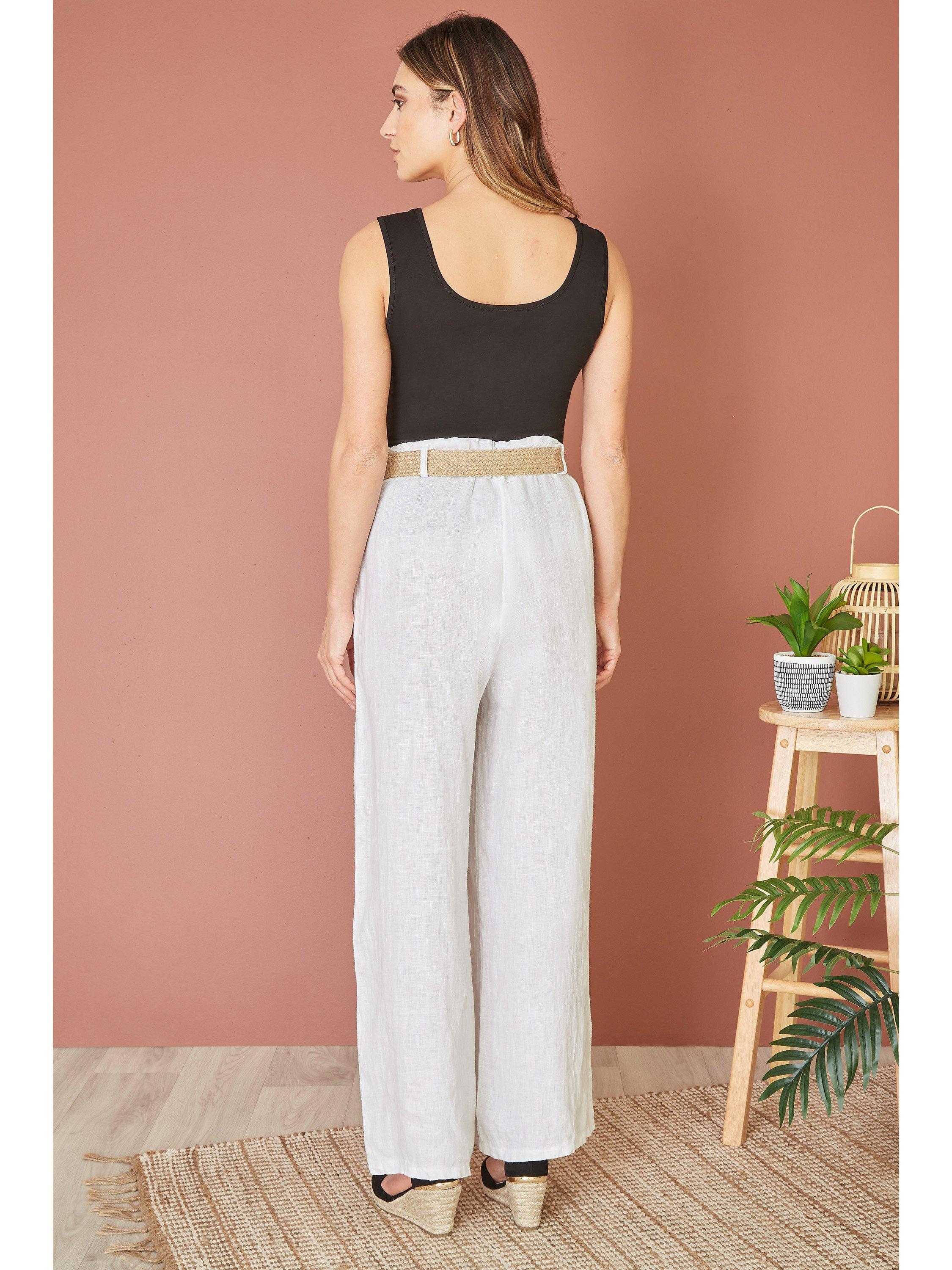 Product image 3 of 5, which shows Yumi Italian Linen Wide Leg Trousers & Belt, White, S