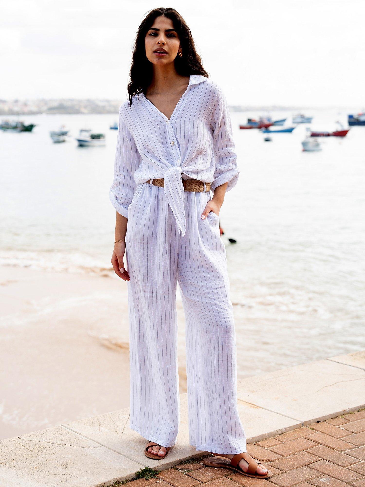 Product image 1 of 6, which shows Yumi Italian Linen Striped Wide Leg Trousers & Belt, White, S