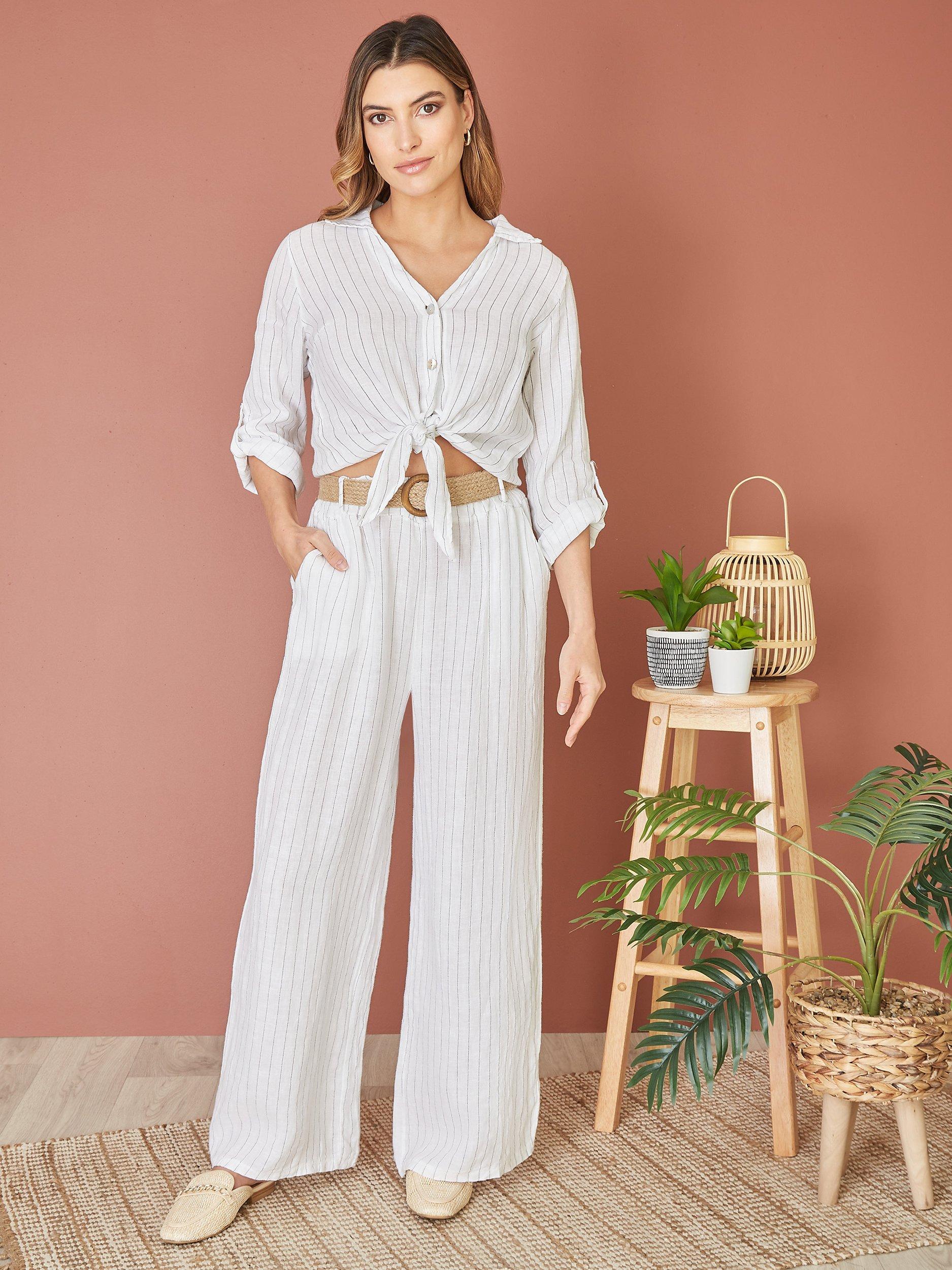 Product image 2 of 6, which shows Yumi Italian Linen Striped Wide Leg Trousers & Belt, White, S