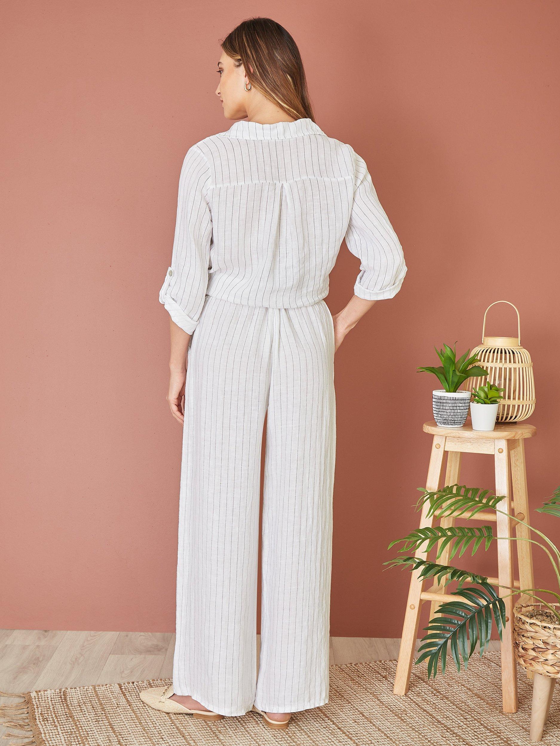 Product image 3 of 6, which shows Yumi Italian Linen Striped Wide Leg Trousers & Belt, White, S