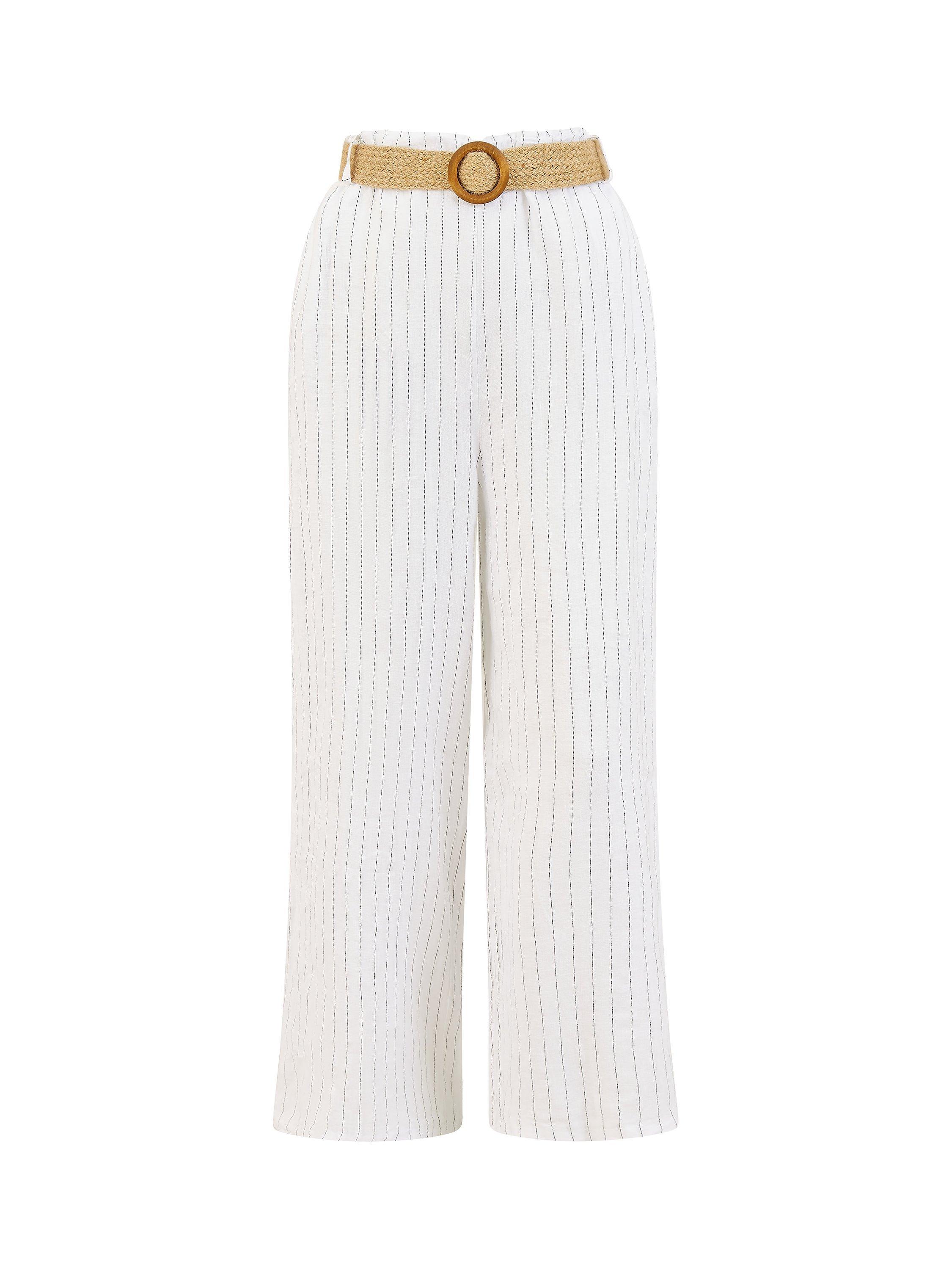 Product image 4 of 6, which shows Yumi Italian Linen Striped Wide Leg Trousers & Belt, White, S