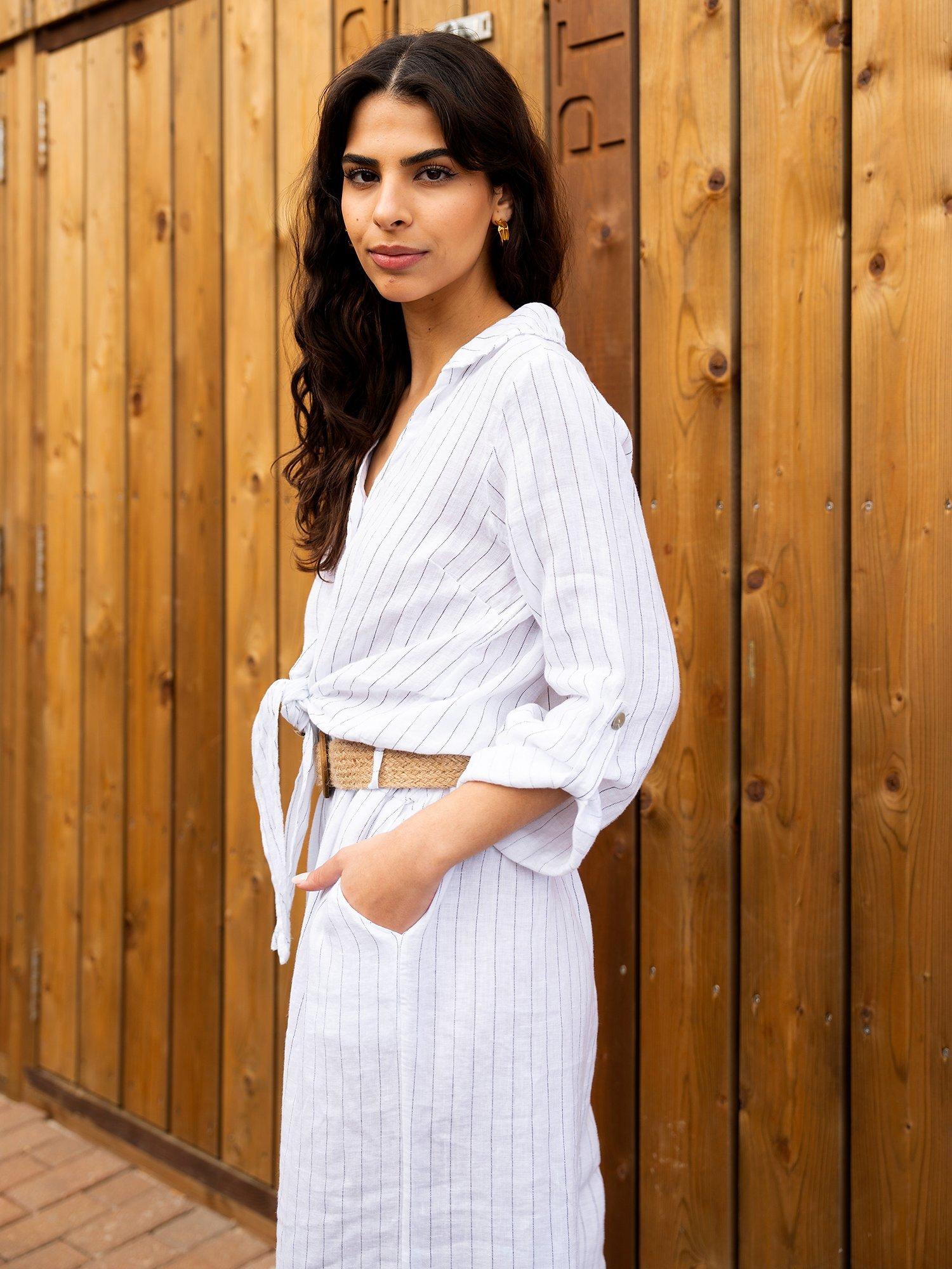 Product image 5 of 6, which shows Yumi Italian Linen Striped Wide Leg Trousers & Belt, White, S