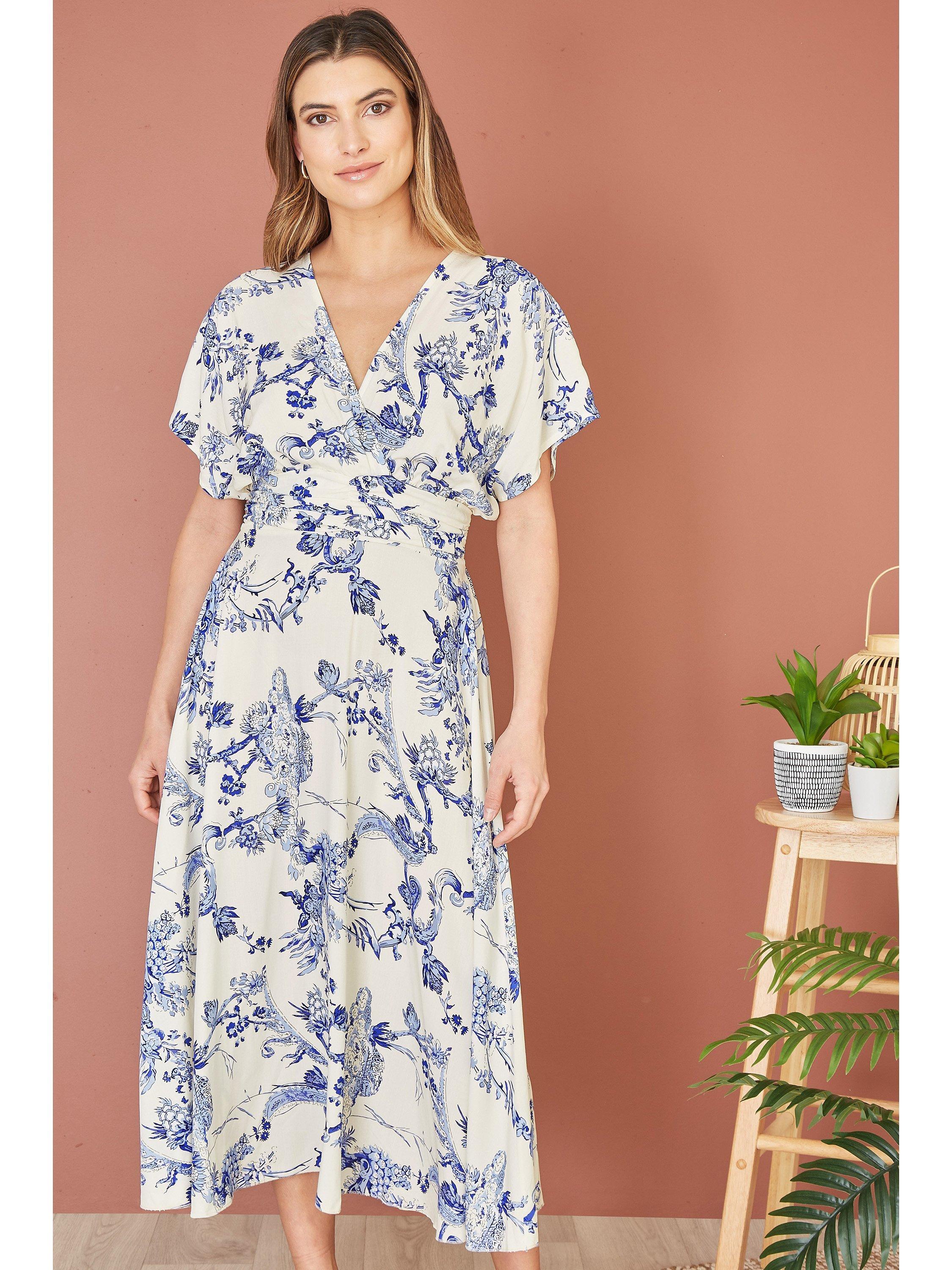Yumi Ruched Waist Midi Dress, White/Blue, 8