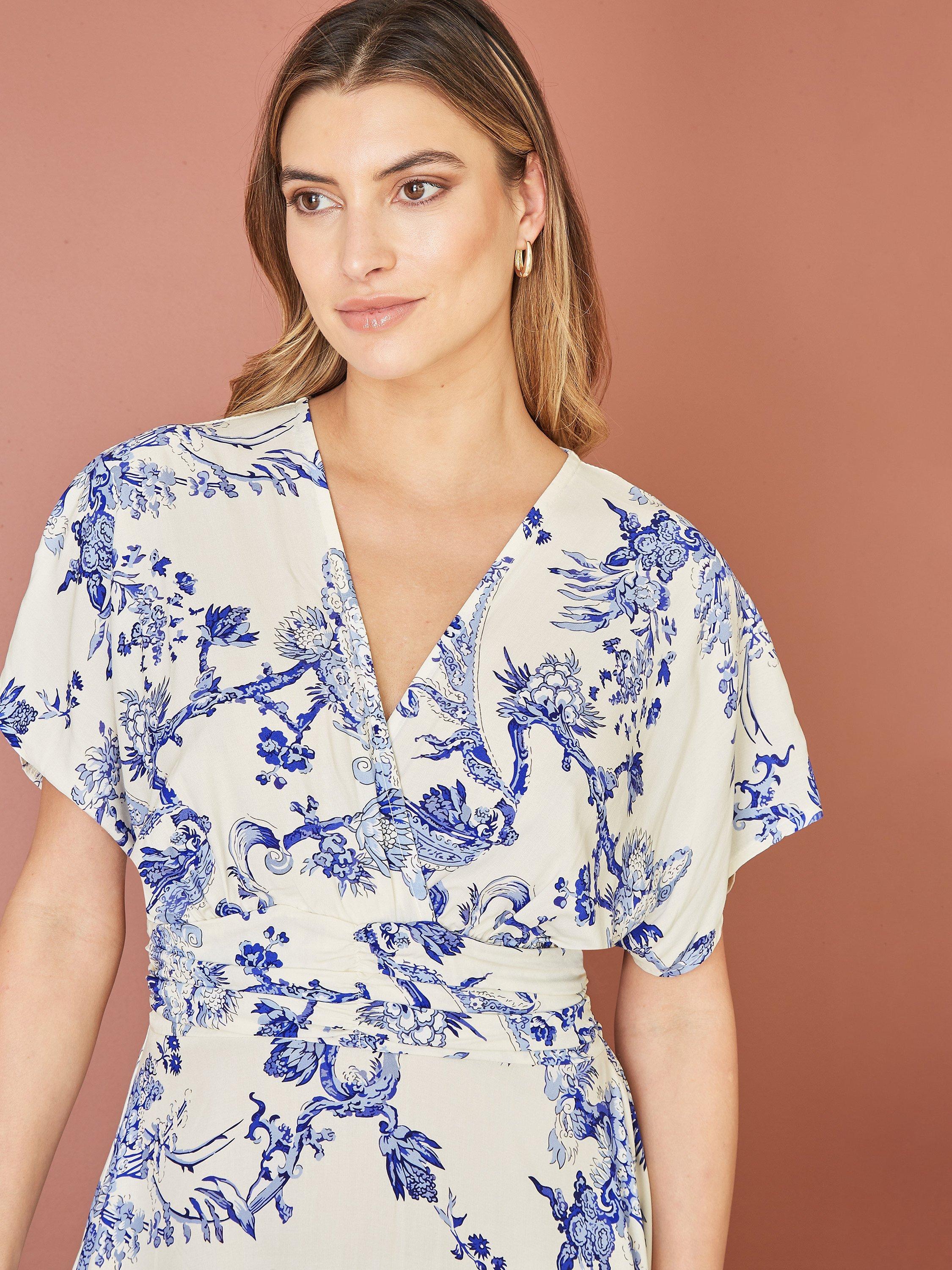 Yumi Ruched Waist Midi Dress, White/Blue, 8