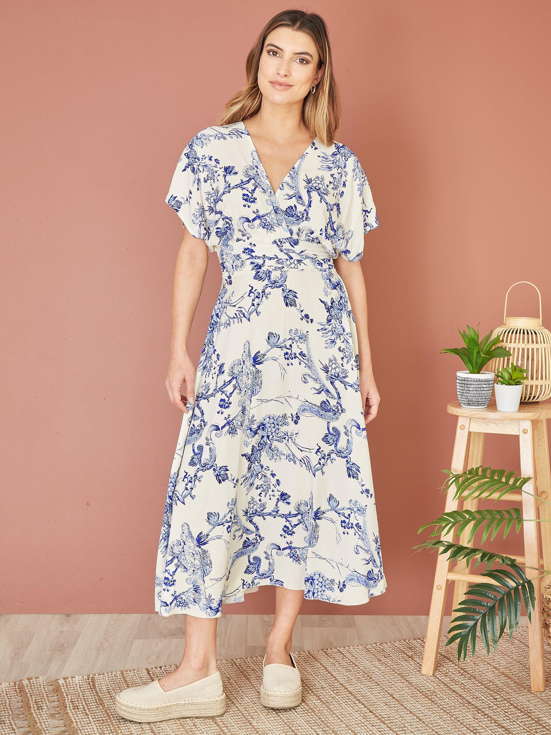 Yumi Ruched Waist Midi Dress, White/Blue, 8