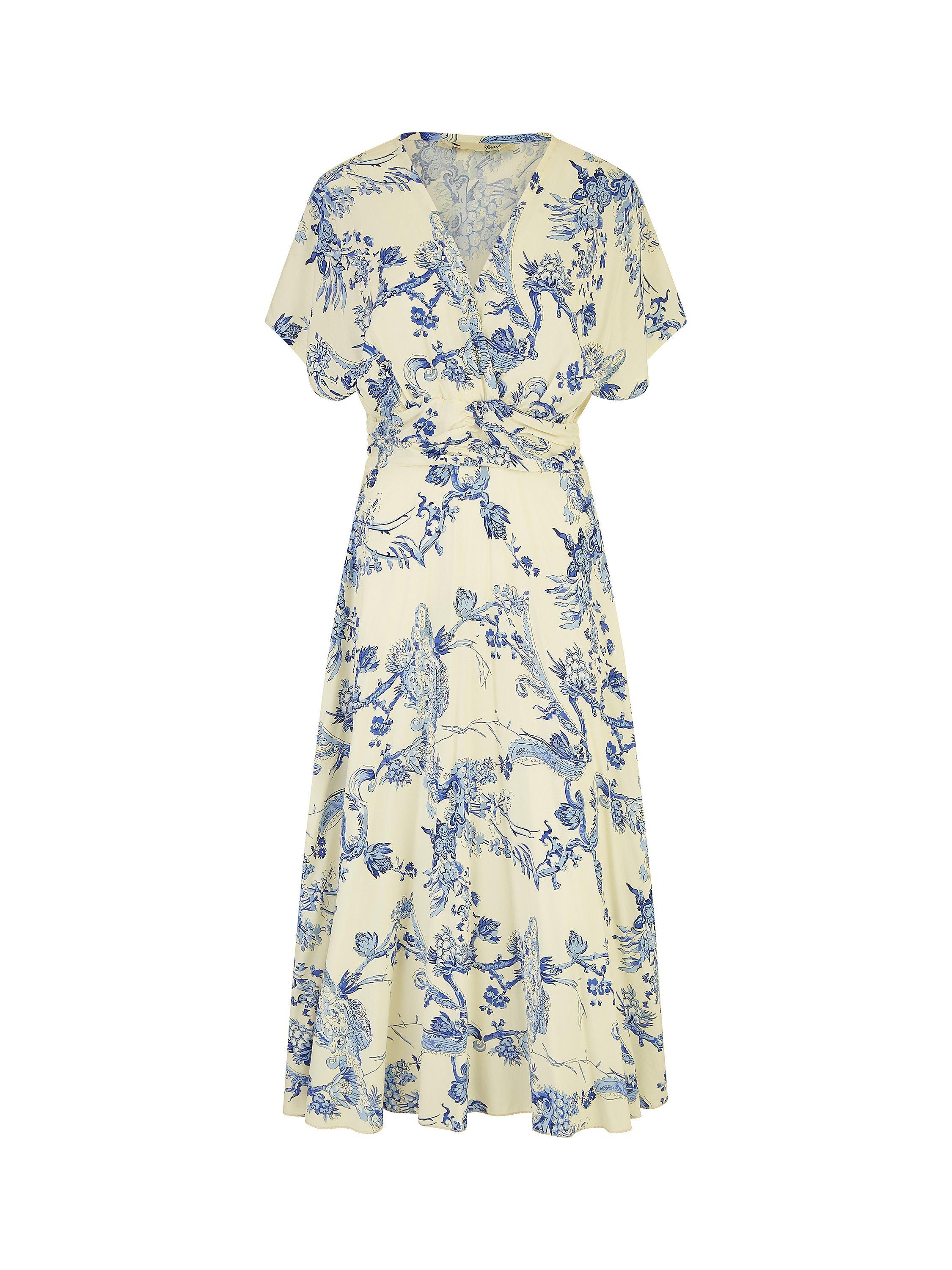 Yumi Ruched Waist Midi Dress, White/Blue, 8