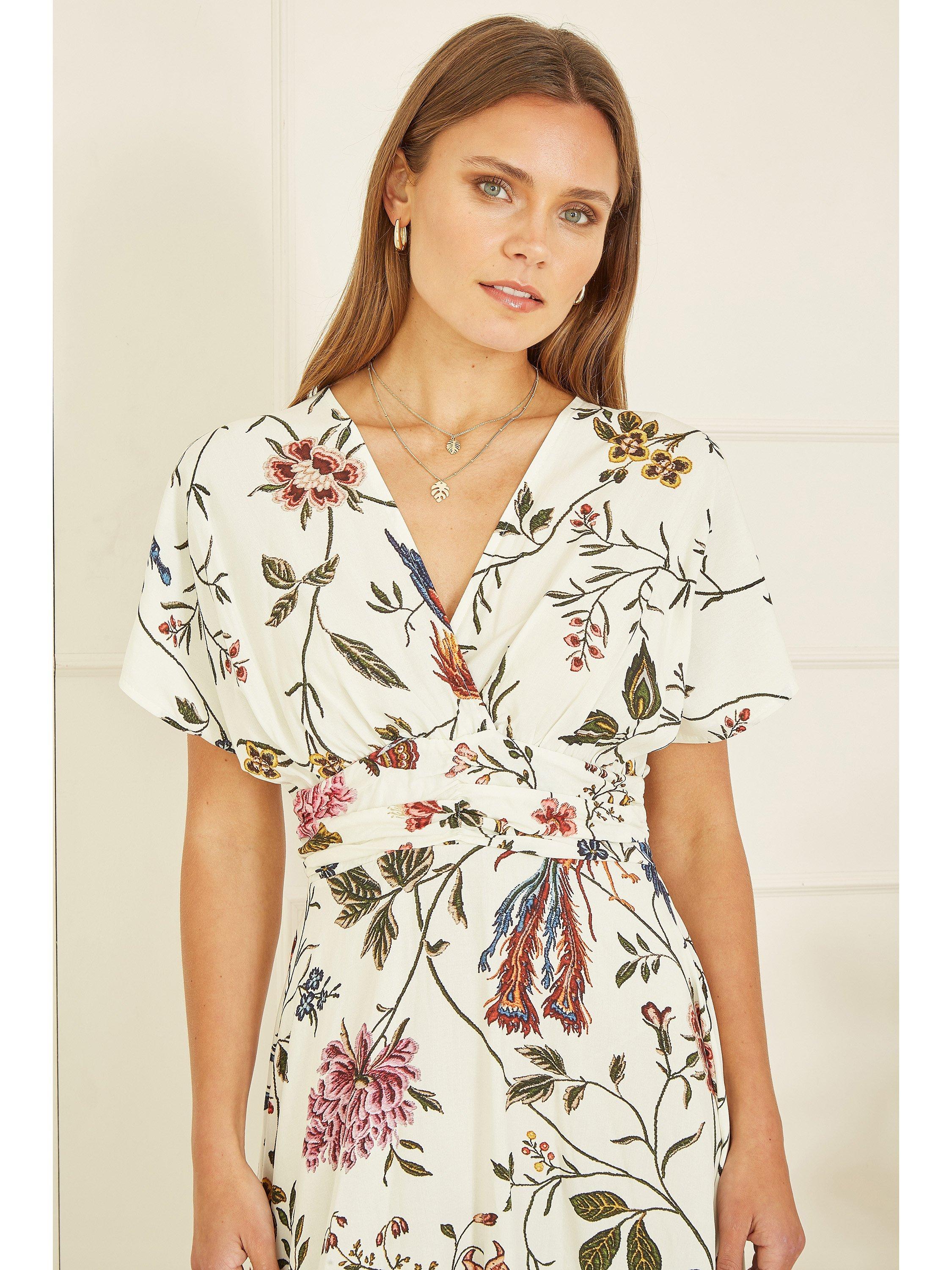 Product image 2 of 7, which shows Yumi Bird And Floral Kimono Midi Dress, White, 8