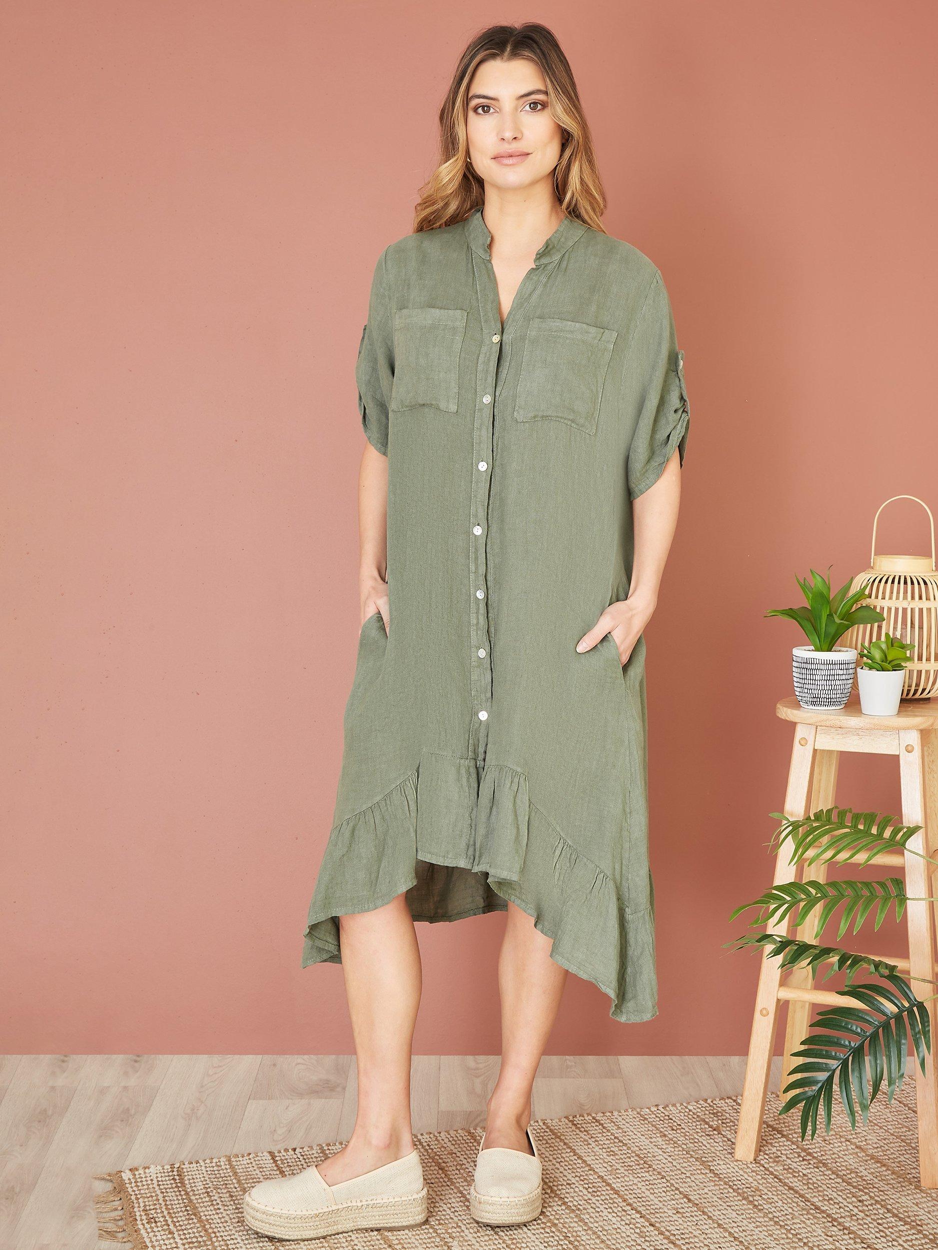 Product image 2 of 7, which shows Yumi Linen Frill Hem Shirt Dress, Khaki, S
