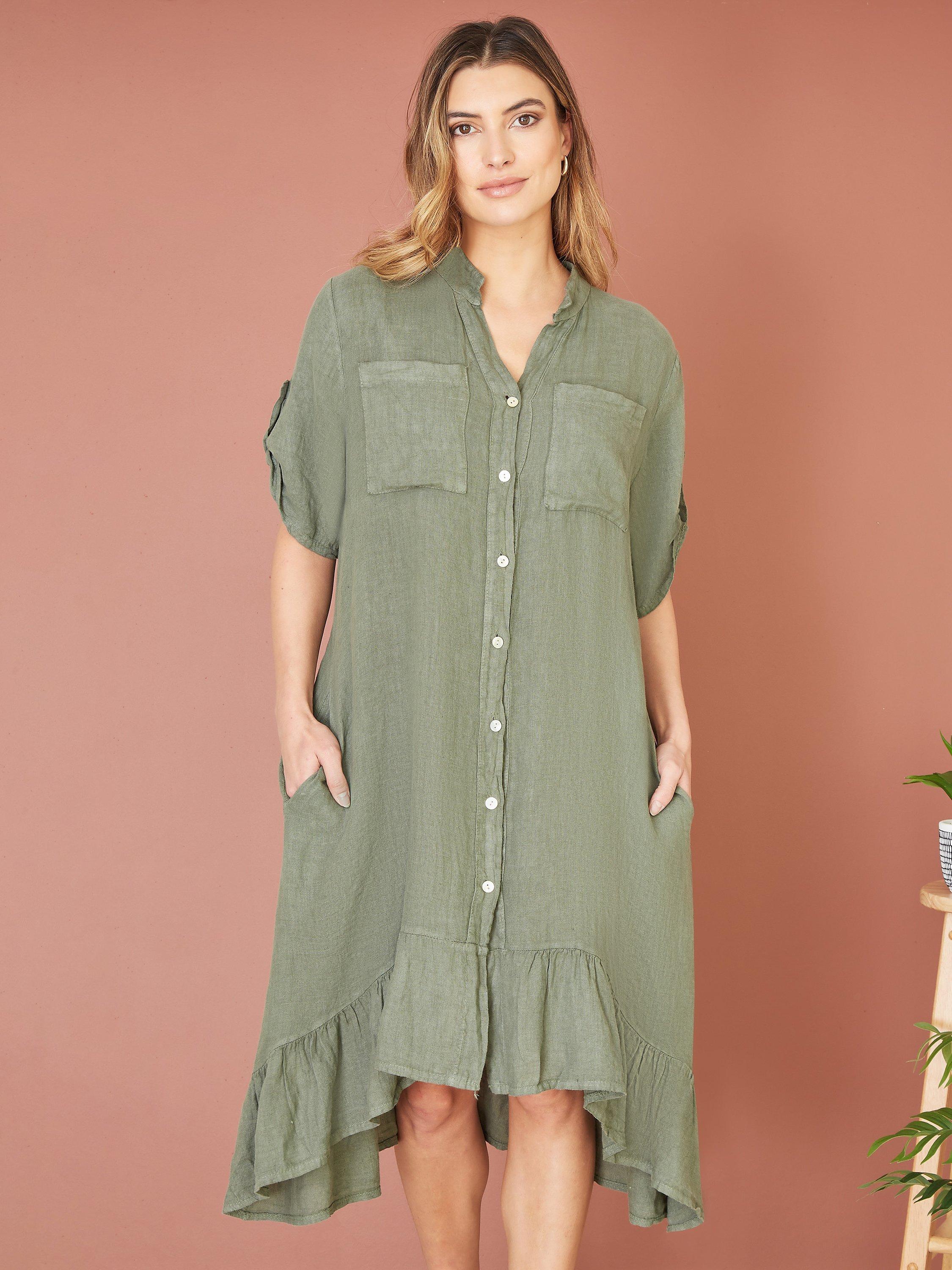 Product image 3 of 7, which shows Yumi Linen Frill Hem Shirt Dress, Khaki, S