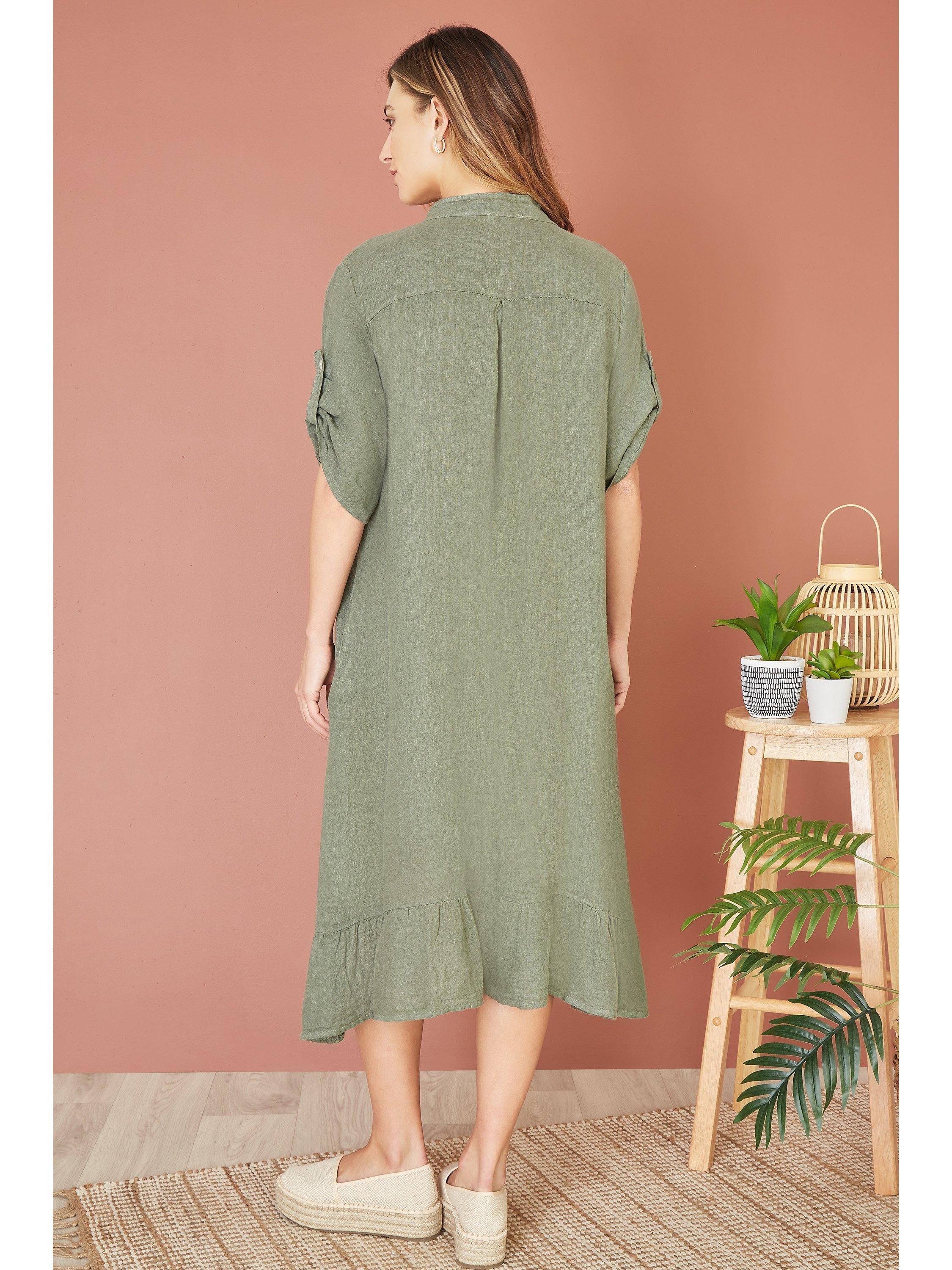 Product image 4 of 7, which shows Yumi Linen Frill Hem Shirt Dress, Khaki, S
