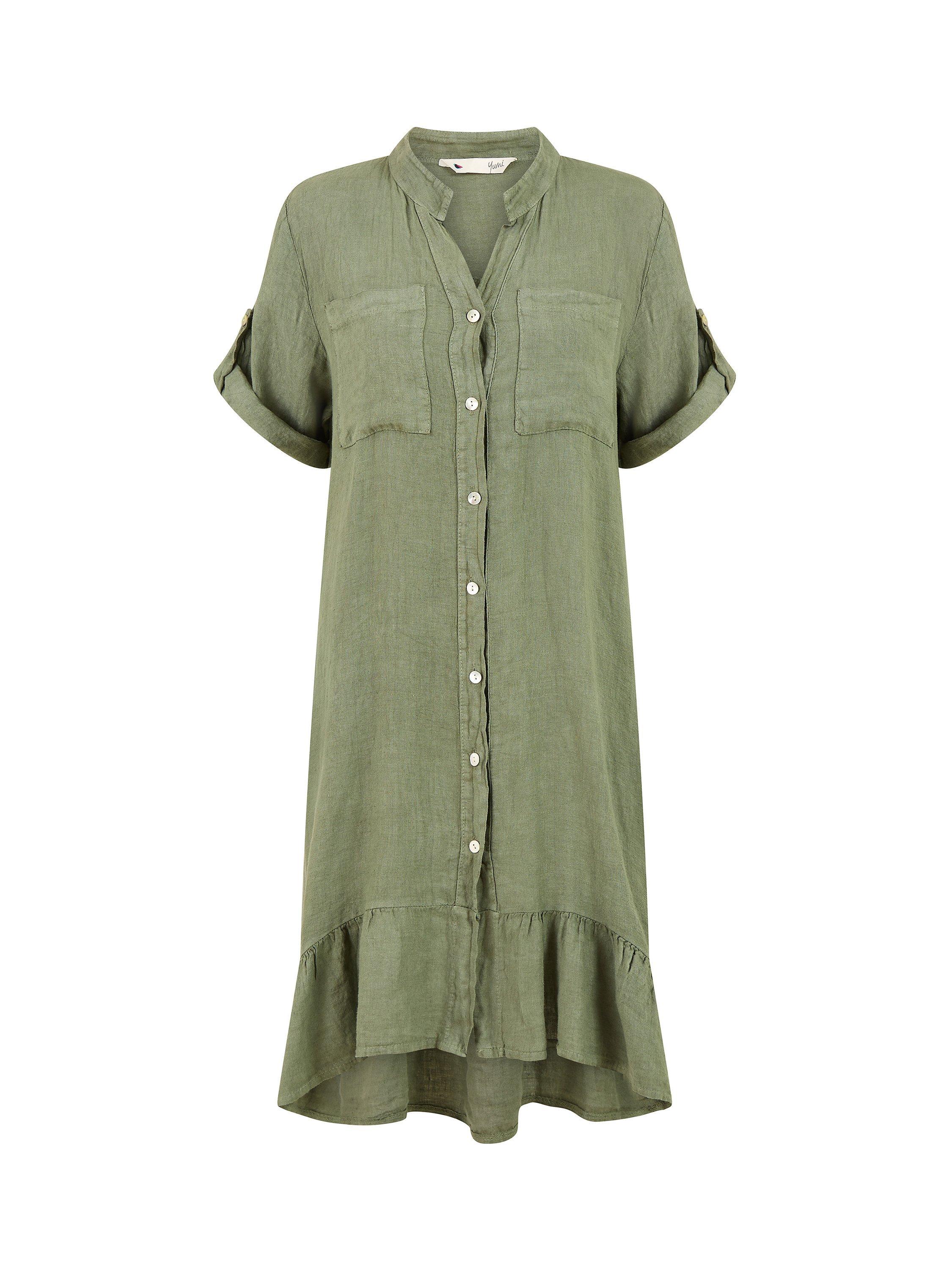 Product image 5 of 7, which shows Yumi Linen Frill Hem Shirt Dress, Khaki, S