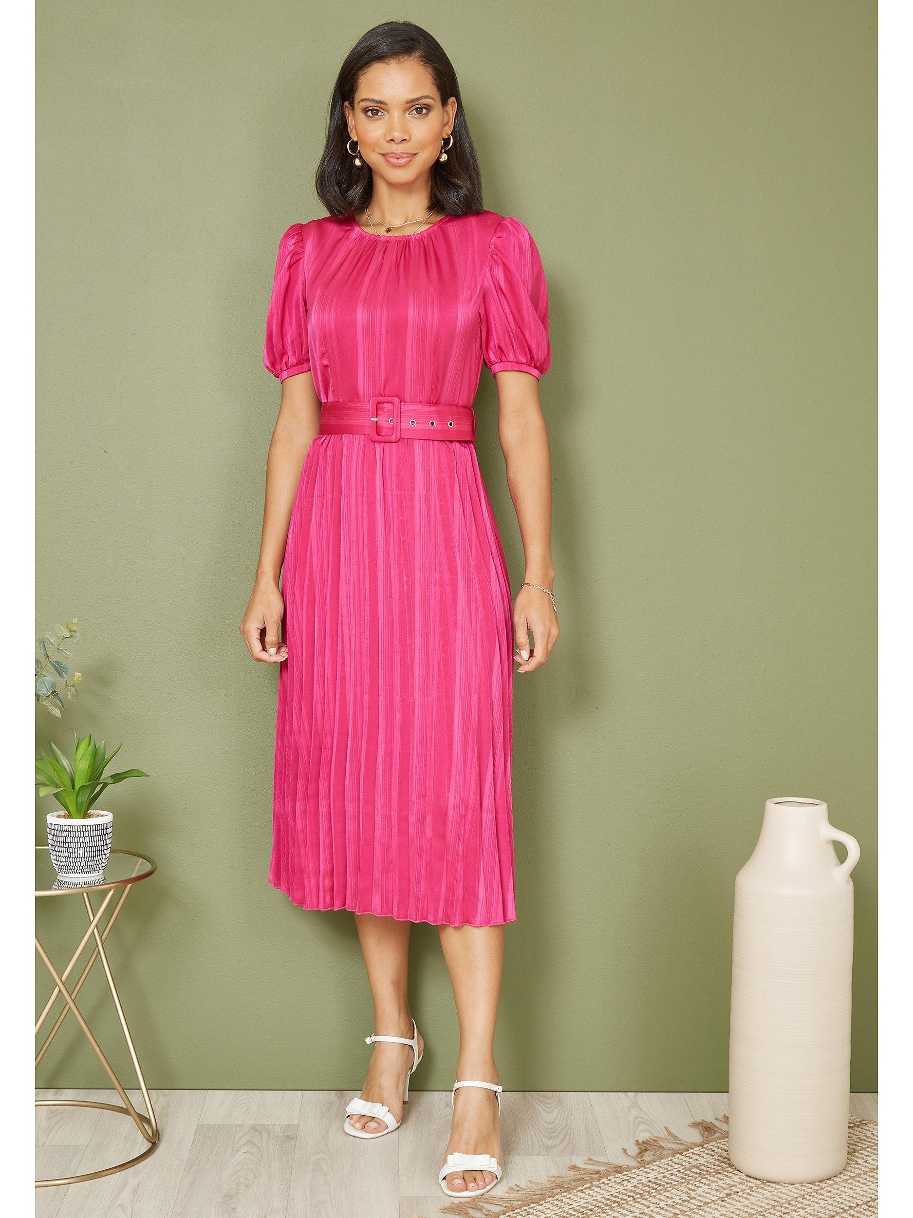 Product image 2 of 5, which shows Yumi Satin Pleated Midi Dress, Pink, 8
