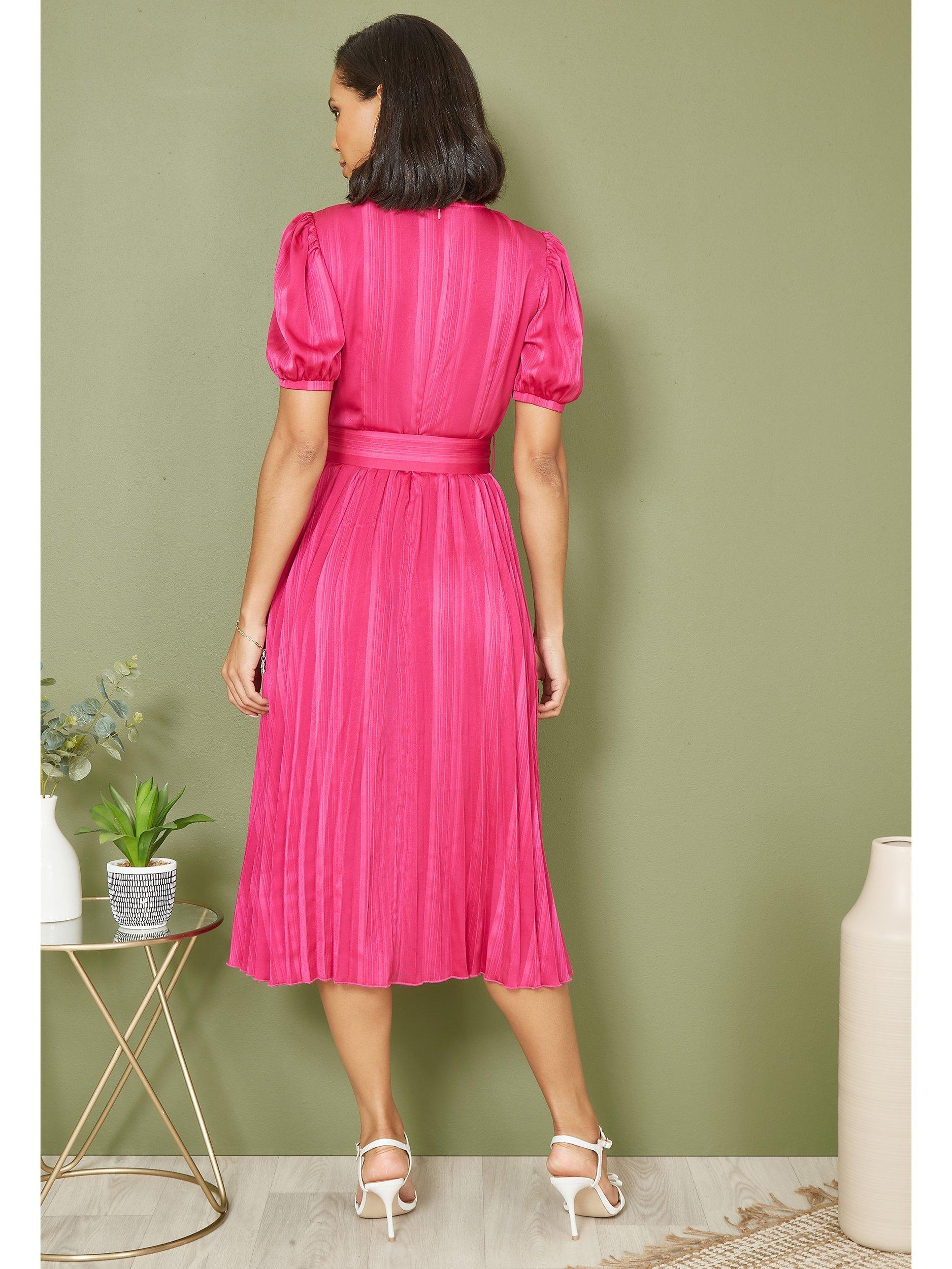 Product image 4 of 5, which shows Yumi Satin Pleated Midi Dress, Pink, 8