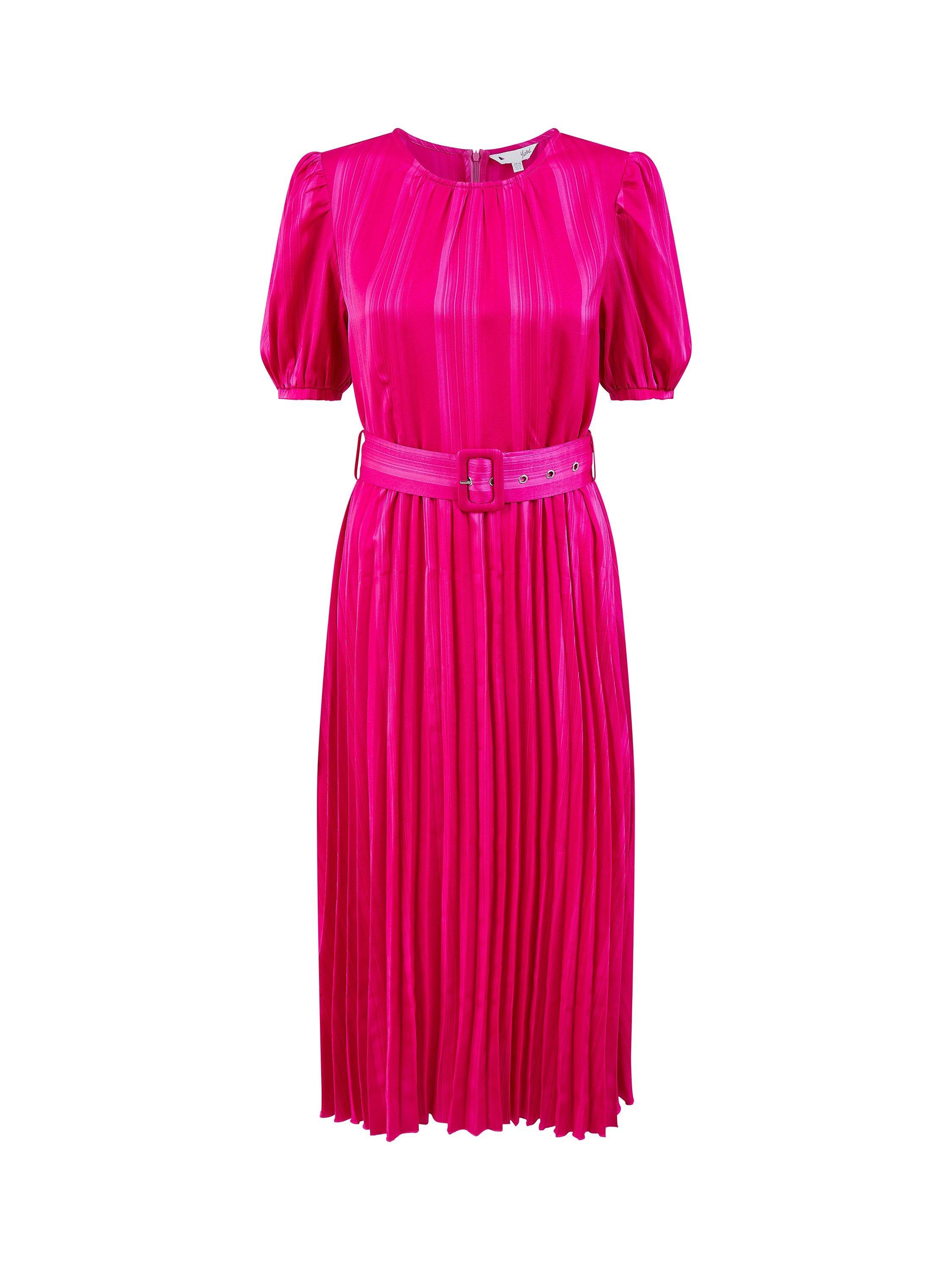 Product image 5 of 5, which shows Yumi Satin Pleated Midi Dress, Pink, 8