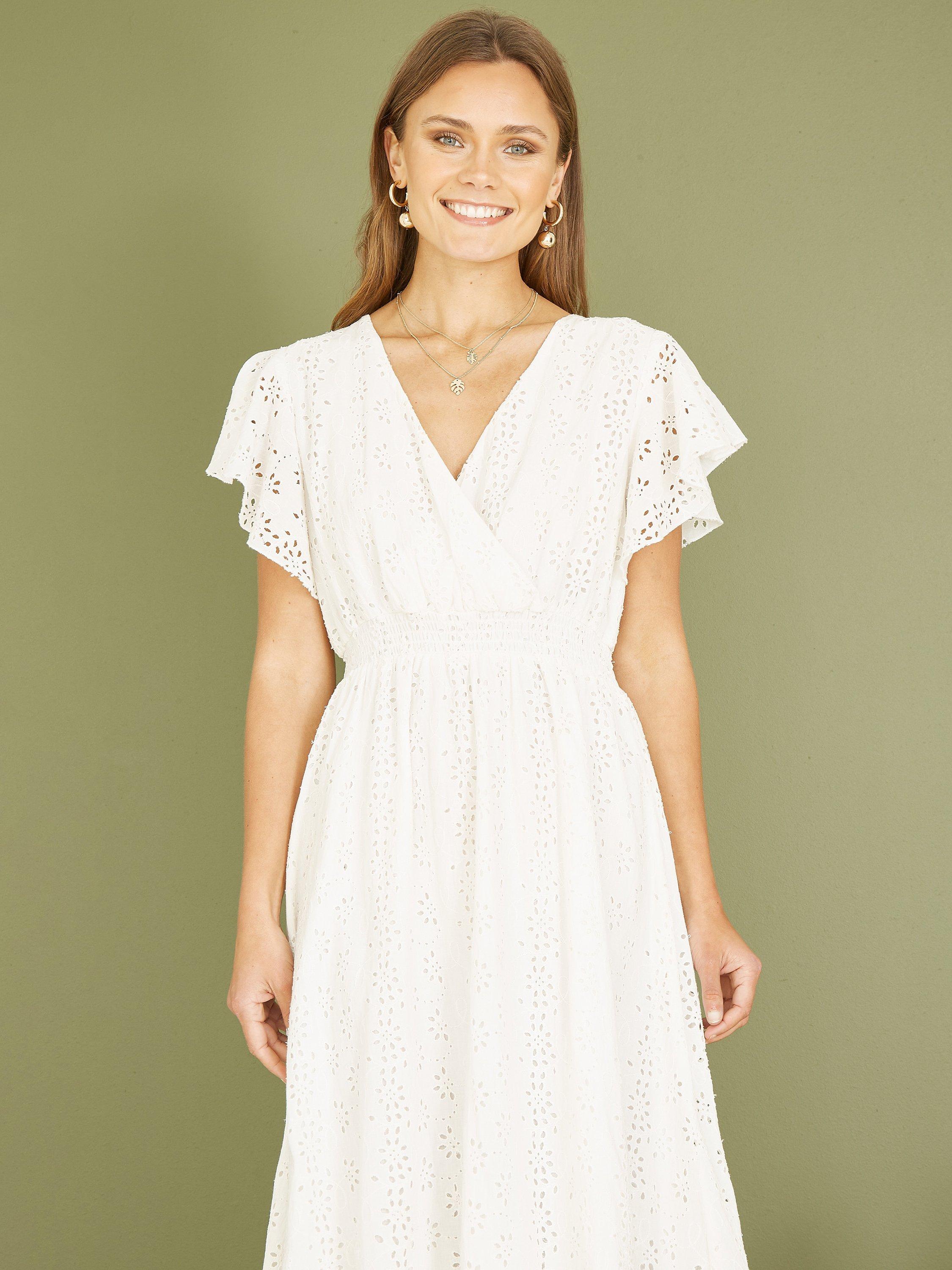 Product image 3 of 5, which shows Yumi Broderie Anglaise Wrap Midi Dress, White, 8