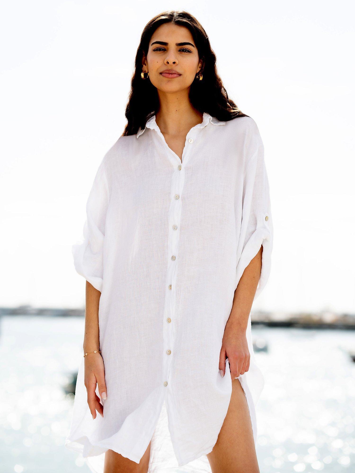 Yumi Linen Relaxed Fit Longline Shirt Dress, White, S