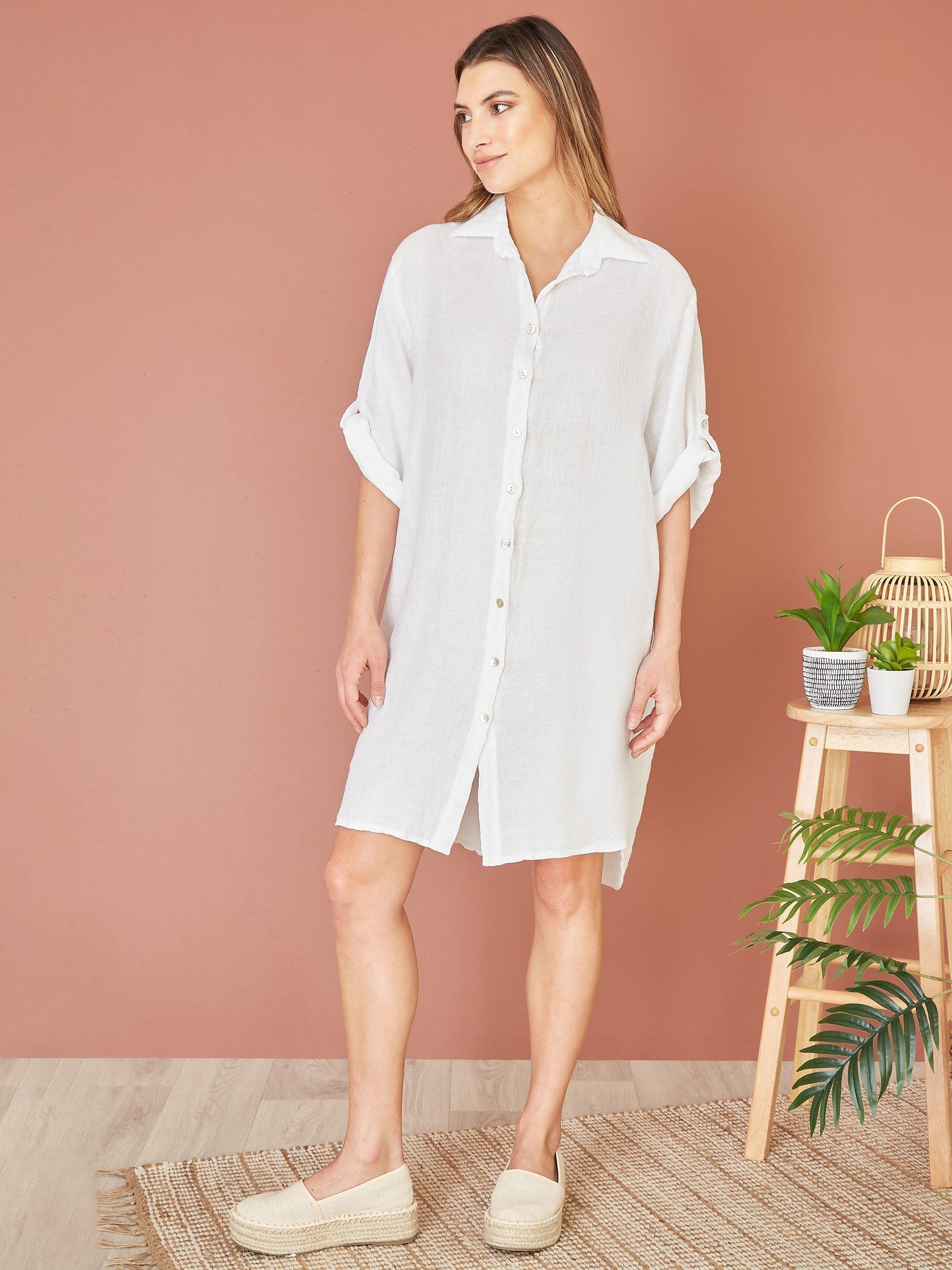 Yumi Linen Relaxed Fit Longline Shirt Dress, White, S