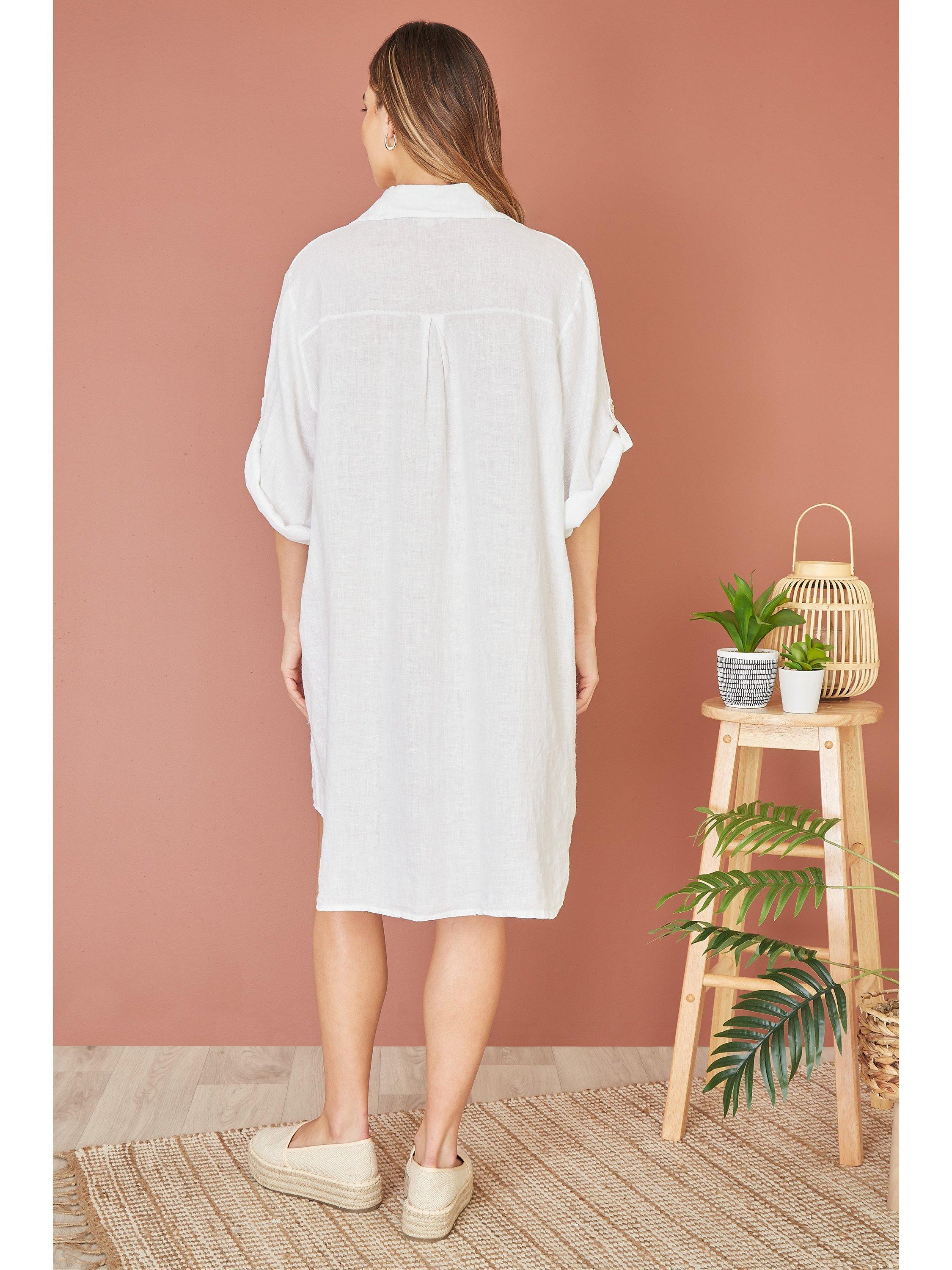 Yumi Linen Relaxed Fit Longline Shirt Dress, White, S