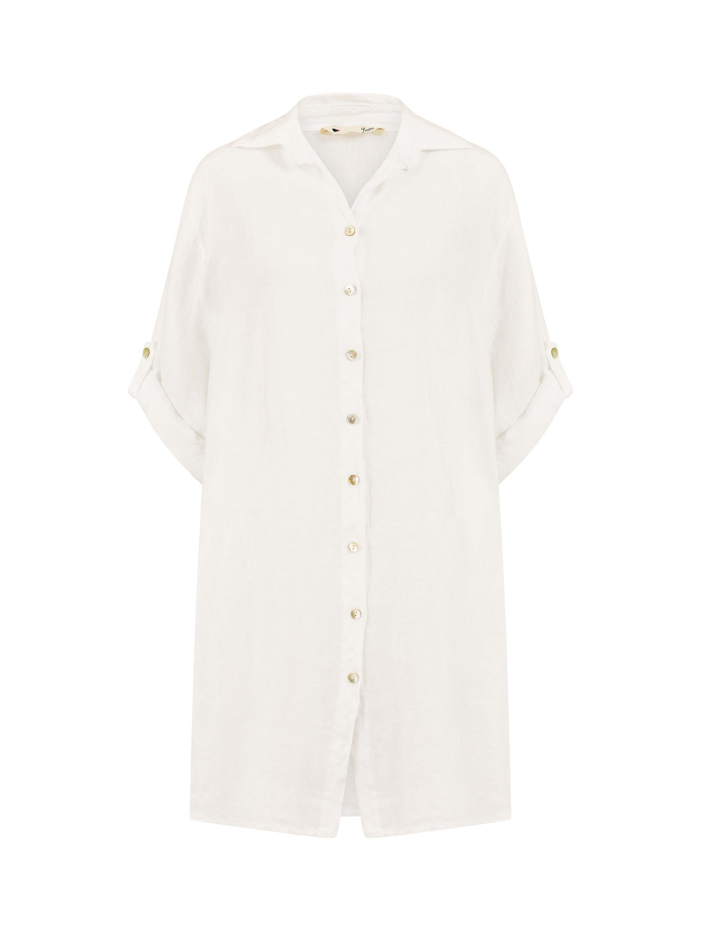 Yumi Linen Relaxed Fit Longline Shirt Dress, White, S