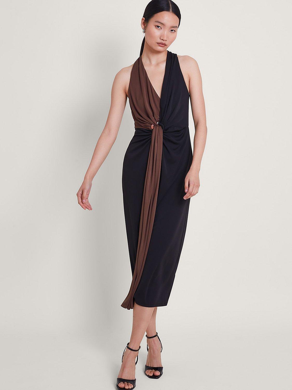 Monsoon Tia Colour Block Midi Dress, Brown/Black